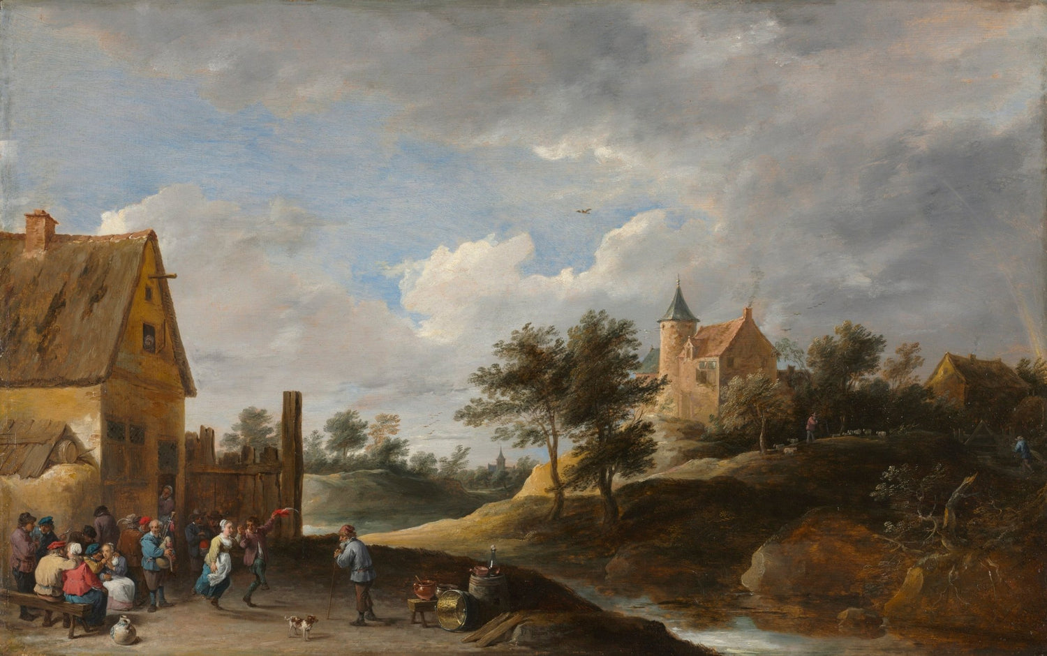 Hand-painted rustic village dance by the stream landscape oil painting on canvas