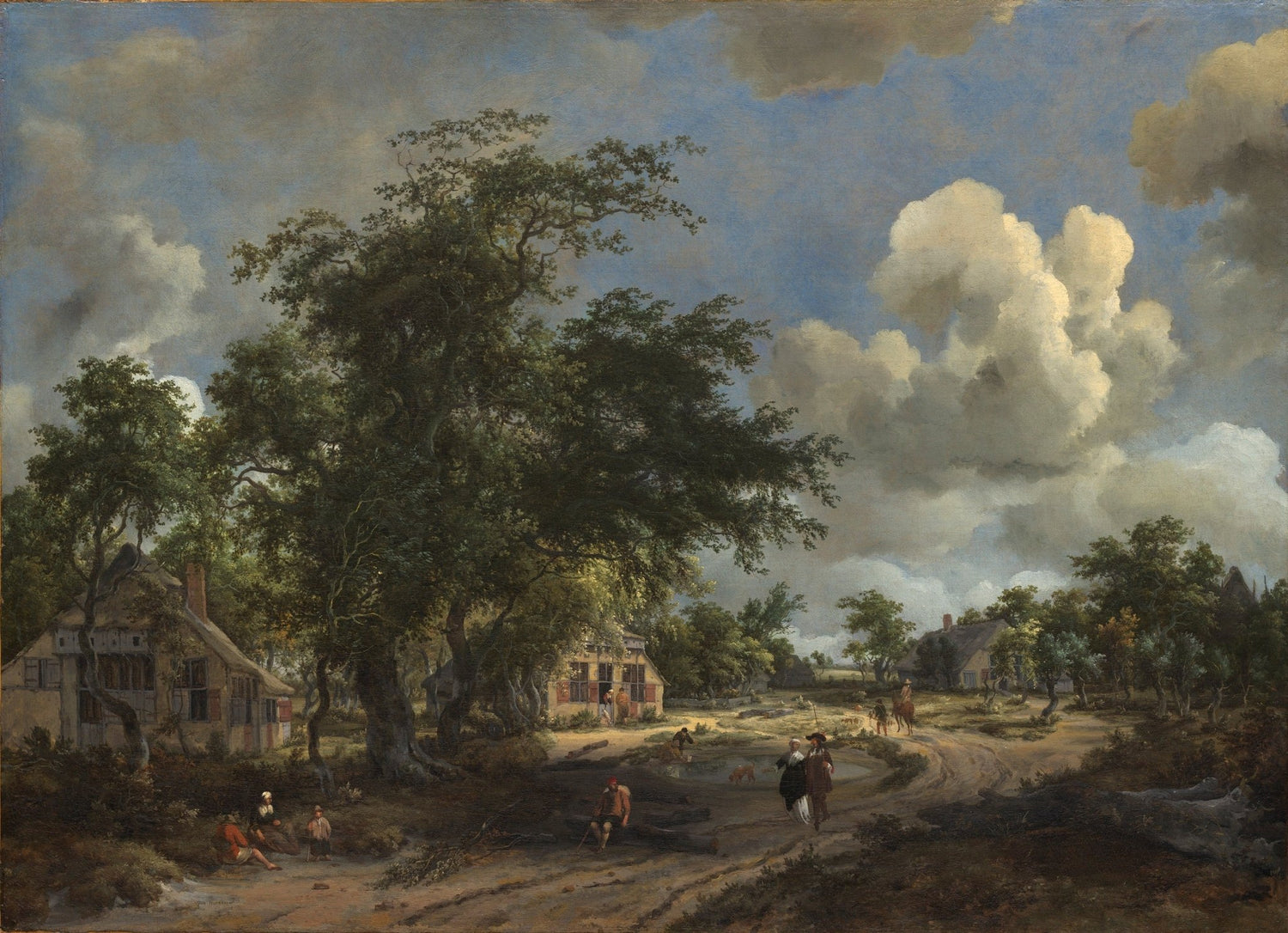 Hand-painted rustic village road under cloudy sky landscape oil painting on canvas