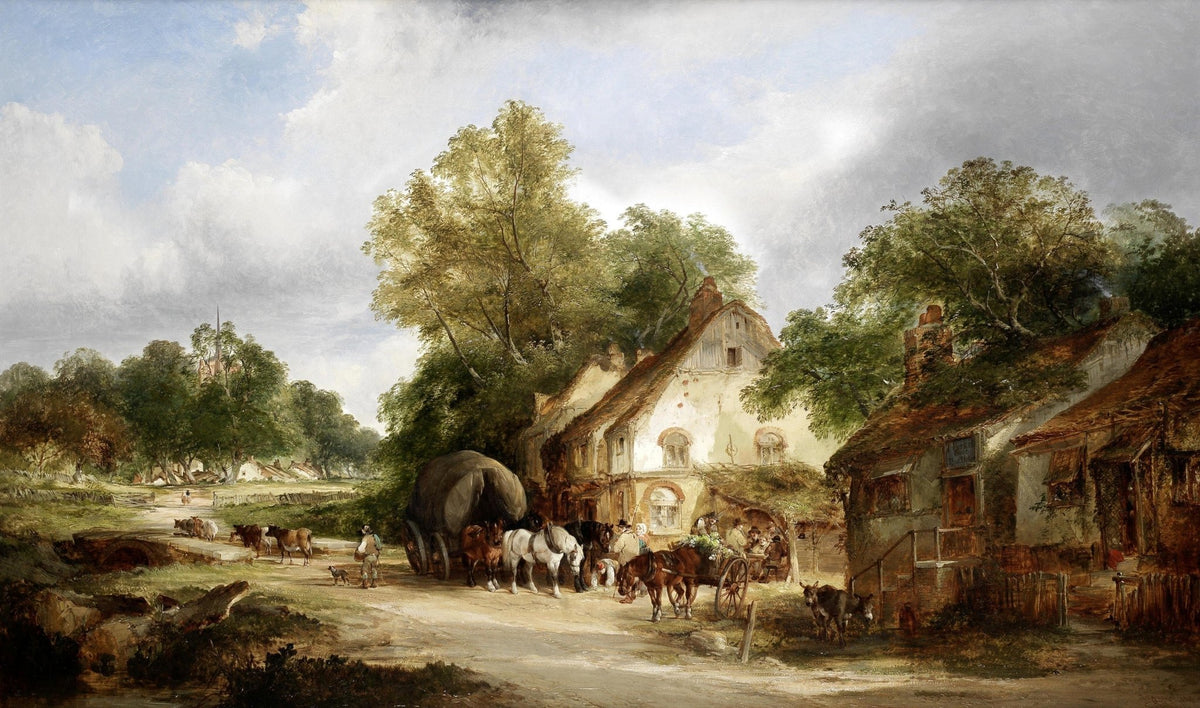 Hand-painted rustic village road with horses and wagon landscape oil painting on canvas