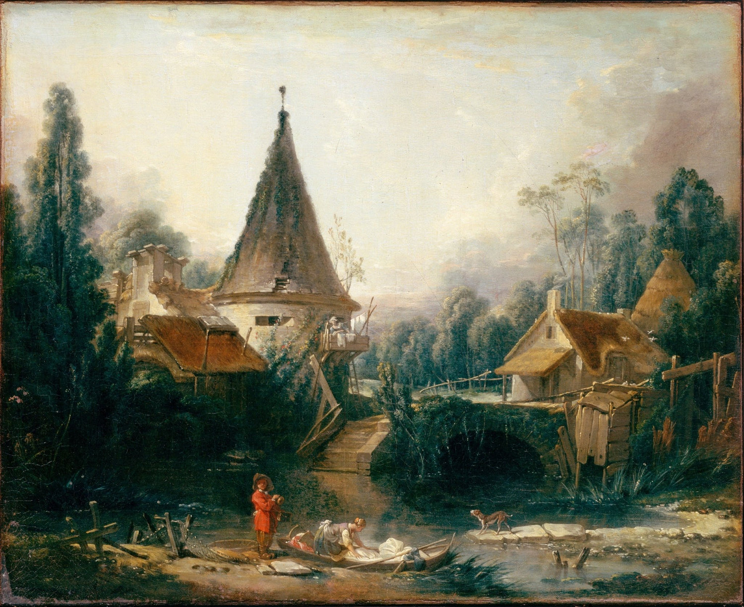 Hand painted oil on canvas landscape oil painting with rustic village, flowing stream, textured brushwork, and figures near. - Add Frame, Canvas, Country, Figure, Hand Painted, Landscape, Made To Order, Oil Painting, River, Village