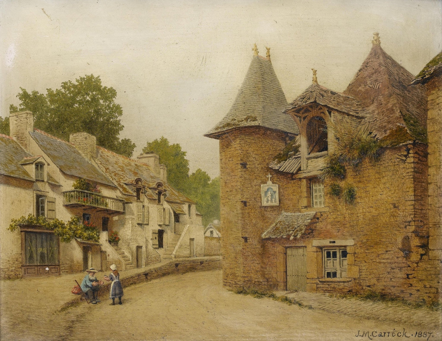 Hand-painted rustic village street and stone tower landscape oil painting on canvas