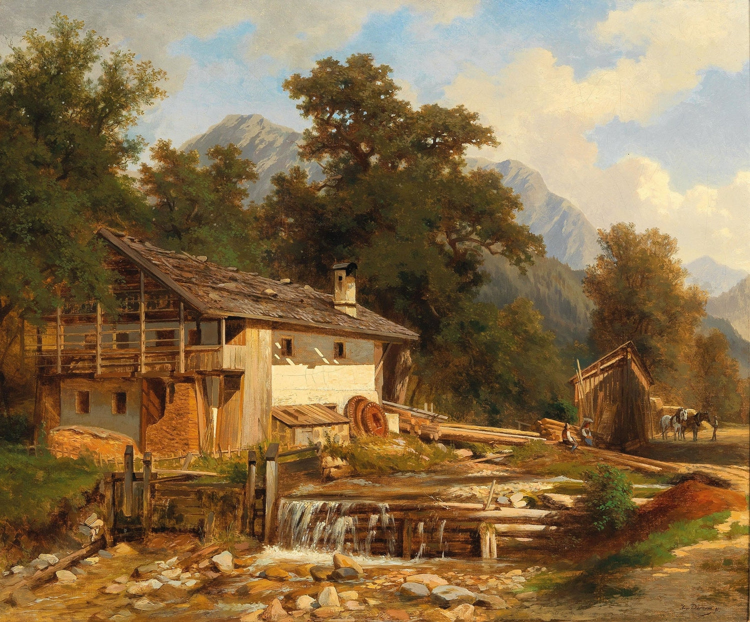 Hand-painted rustic watermill and alpine cabin scene landscape oil painting on canvas