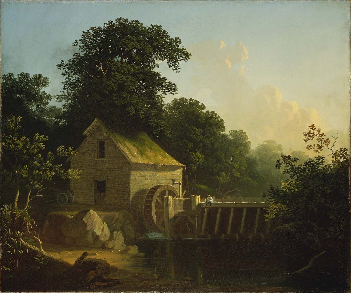 Hand-painted rustic watermill by a quiet river landscape oil painting on canvas