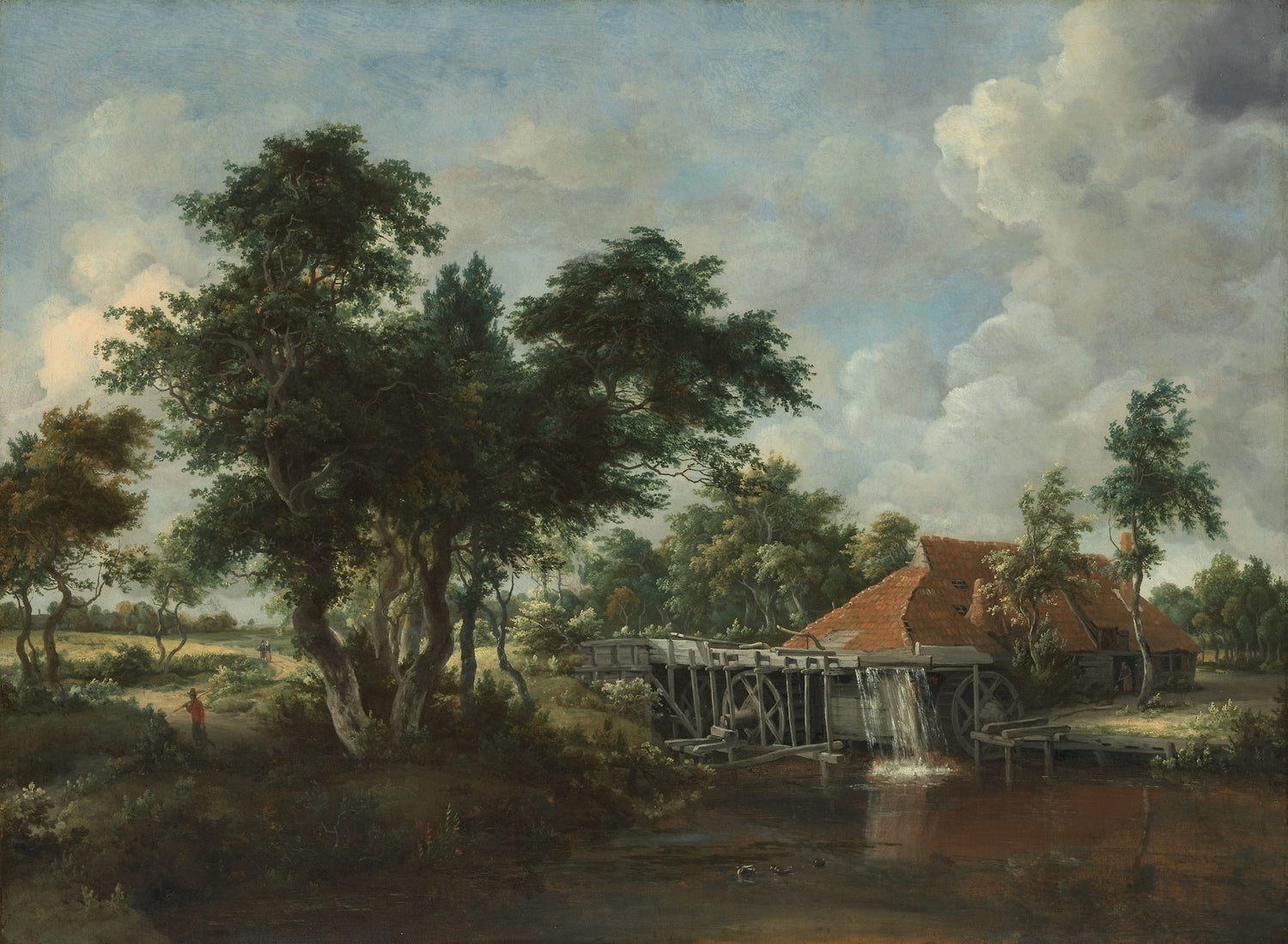 Hand-painted rustic watermill by the quiet stream landscape oil painting on canvas