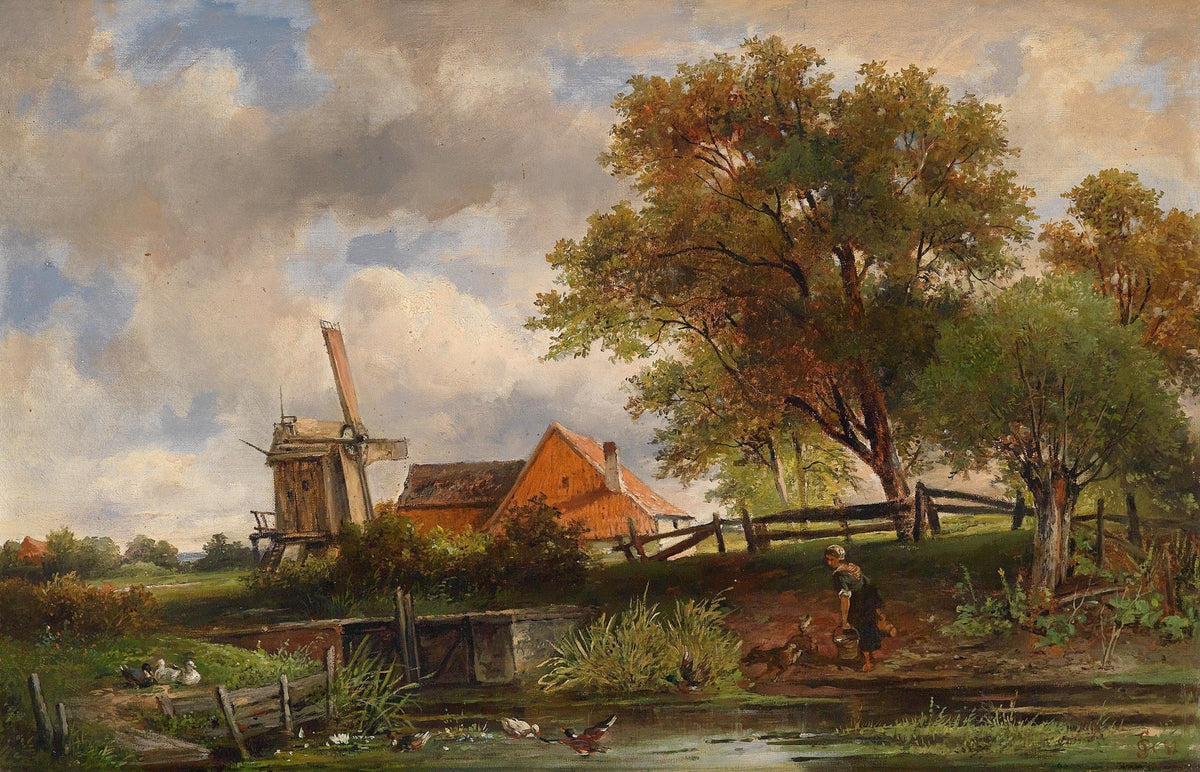 Hand-painted rustic windmill farmhouse by the stream landscape oil painting on canvas