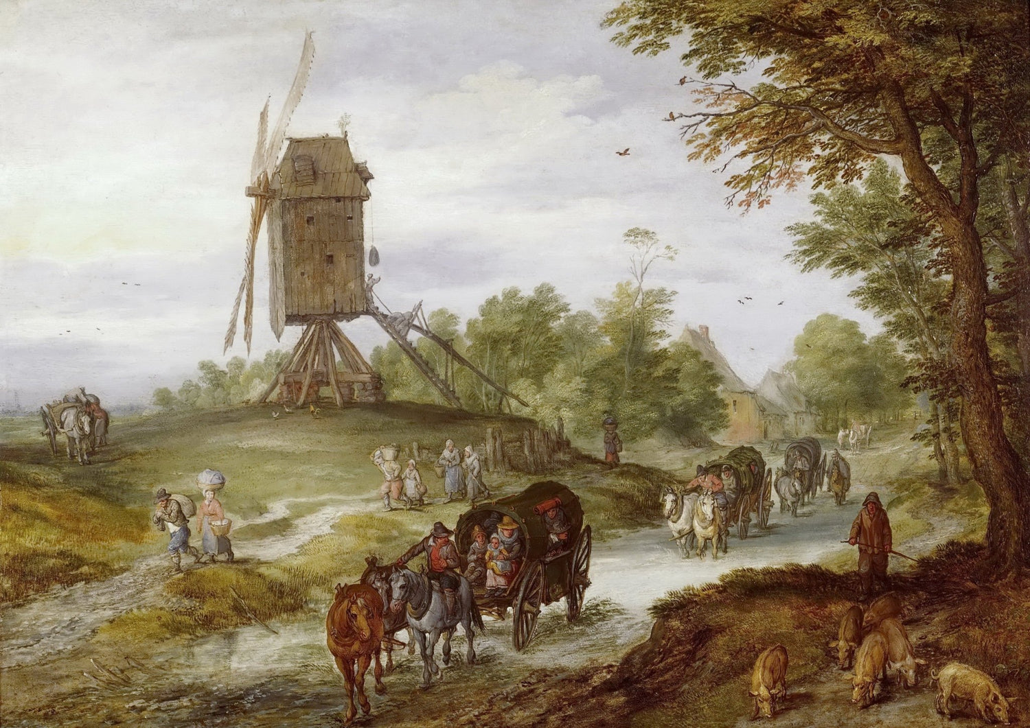 Hand-painted rustic windmill road with horse carriage landscape oil painting on canvas