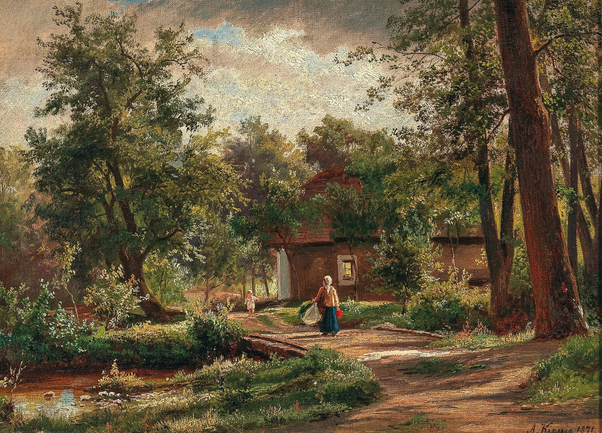 Hand-painted rustic woodland cottage garden path landscape oil painting on canvas