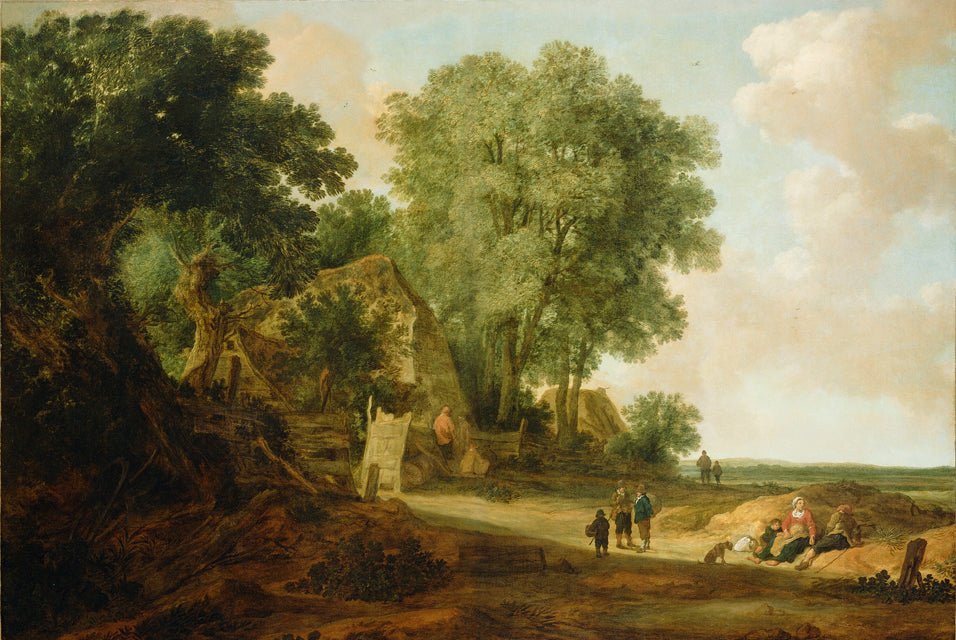 Hand-painted rustic woodland path with figures landscape oil painting on canvas