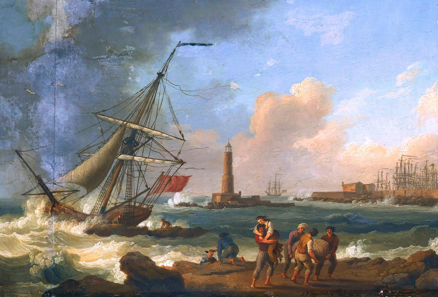Landscape Oil Painting - Sailboat, Coastal Figures, Lighthouse