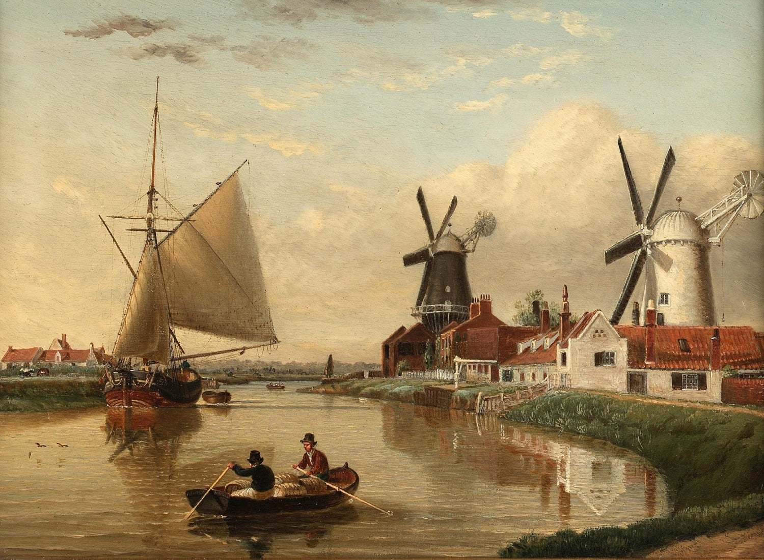 Hand-painted sailboat, windmills and river village landscape oil painting on canvas