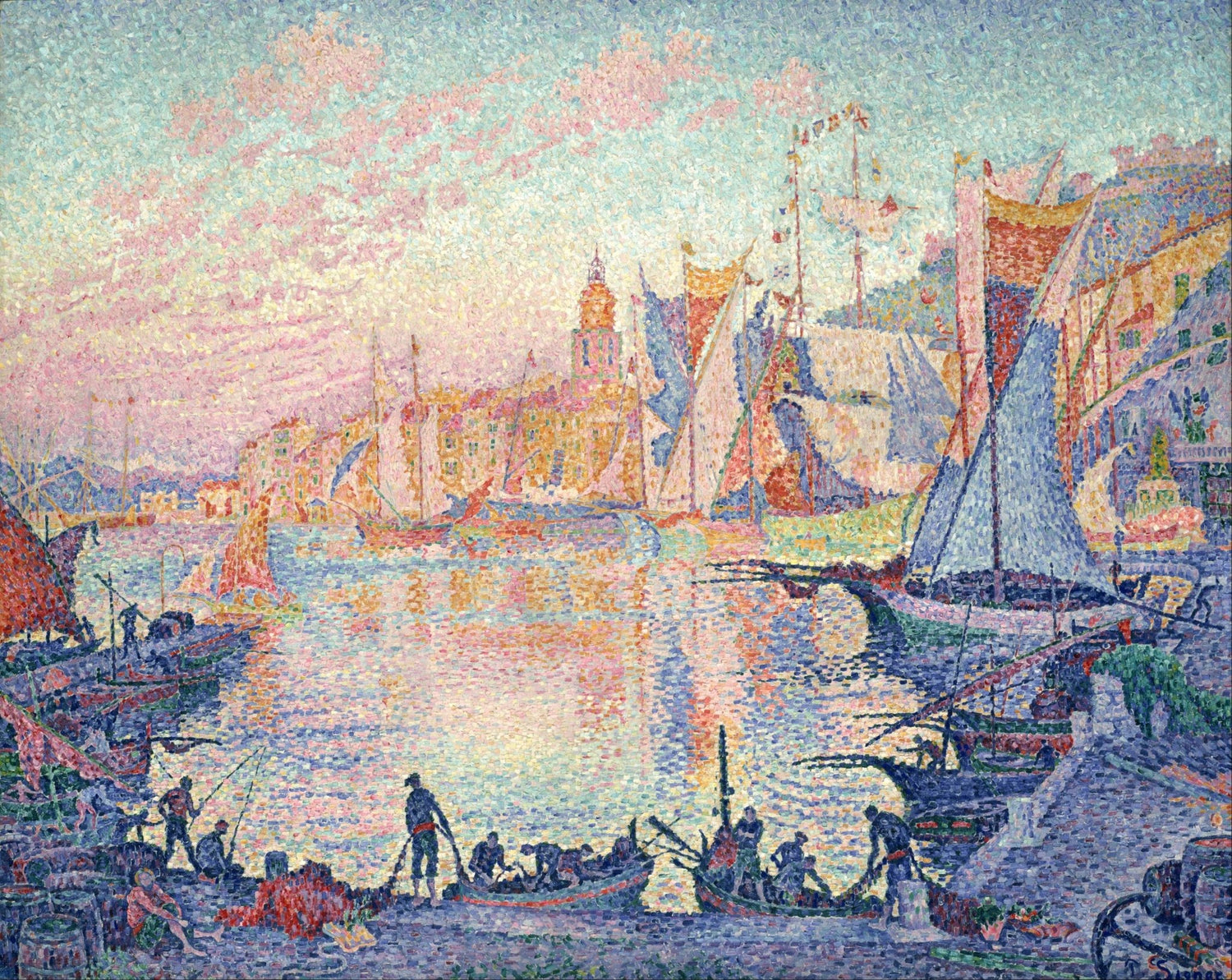 Hand-painted saint-tropez harbor at sunset landscape oil painting on canvas