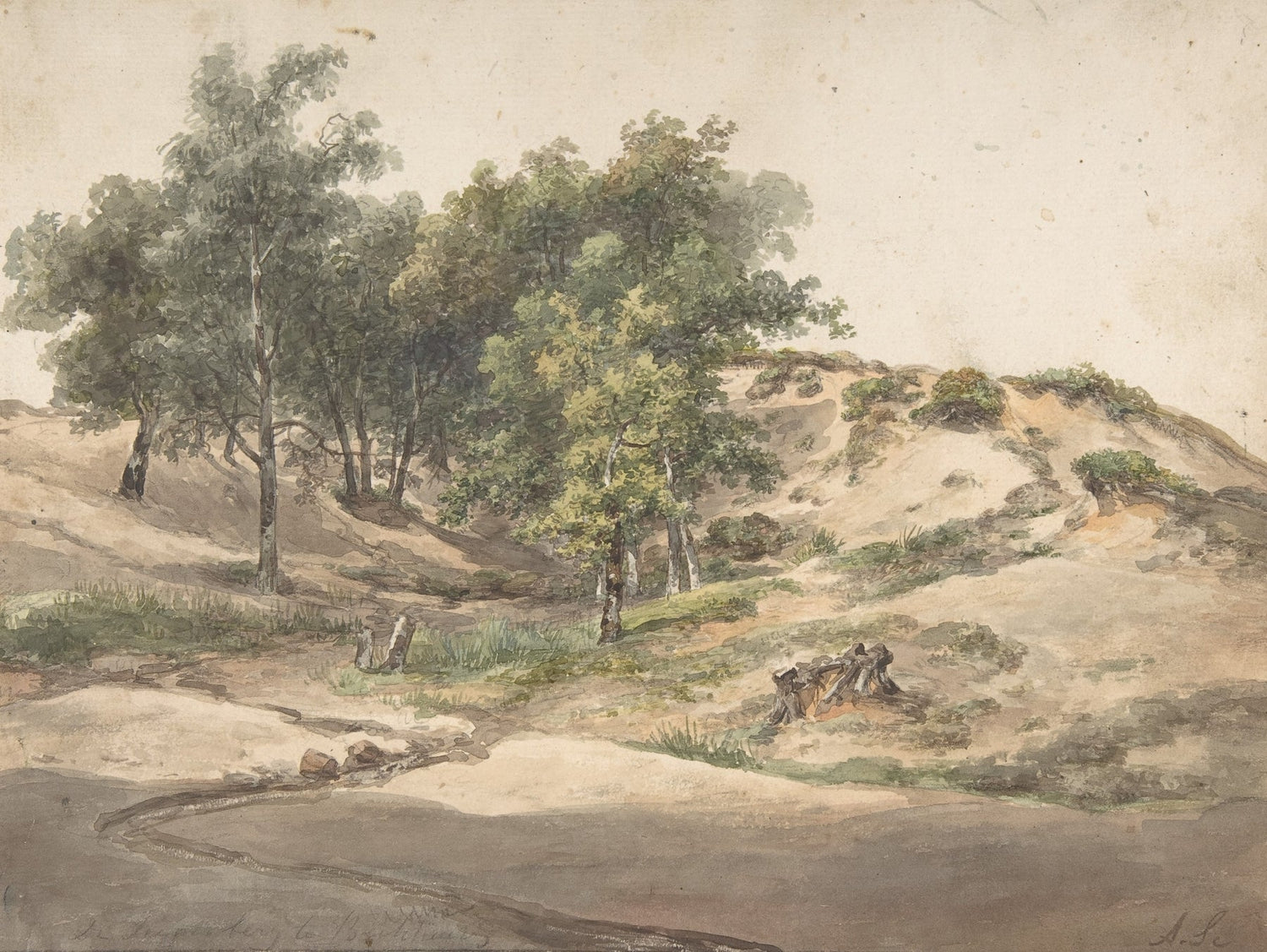 Hand-painted sandy dunes and woodland path scene landscape oil painting on canvas