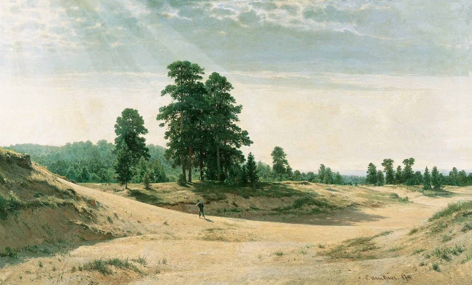 Landscape oil painting of a sandy forest clearing with tall green trees and a solitary figure walking, textured brushwork on . - Add Frame, Canvas, Figure, Forest, Hand Painted, Landscape, Made To Order, Oil Painting