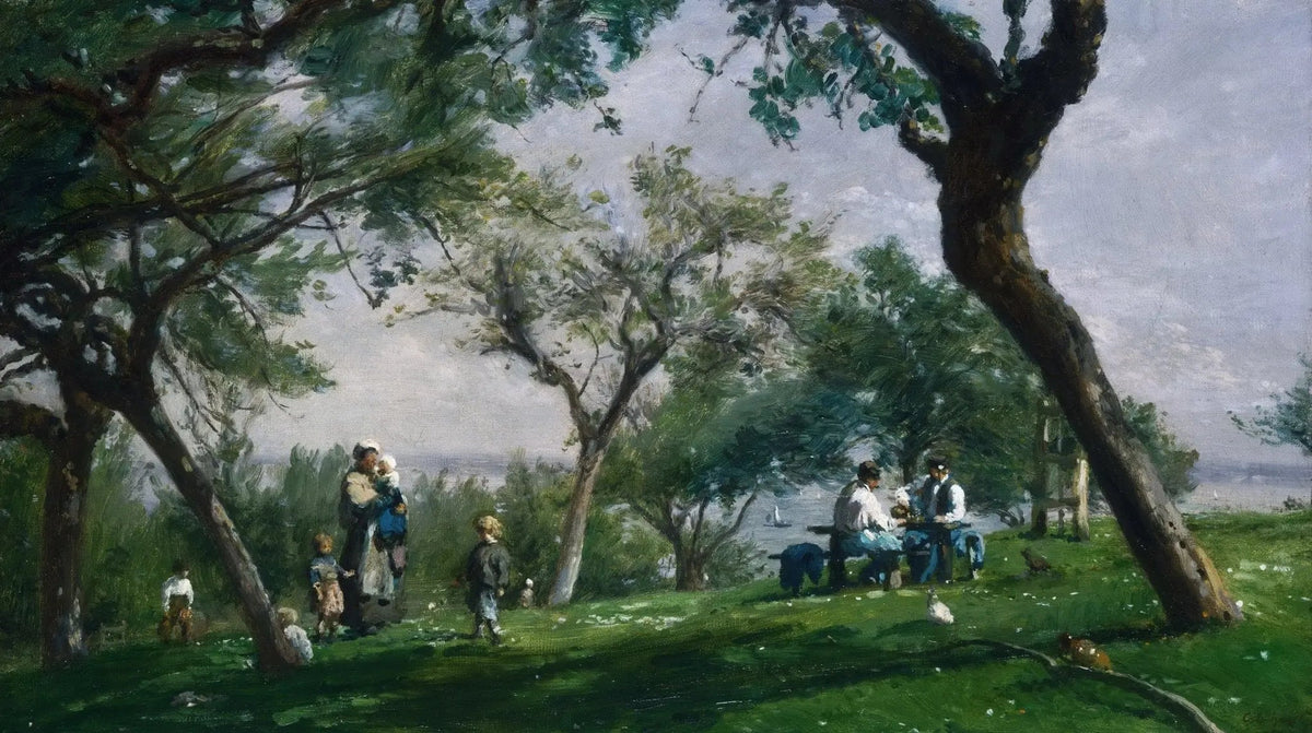 Landscape oil painting with textured brushwork showing figures in a sunny park near a river under leafy trees on oil on. - Add Frame, Canvas, Figure, Garden, Hand Painted, Landscape, Made To Order, Oil Painting, River