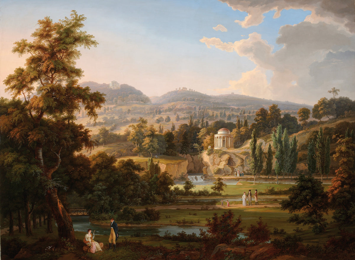 Landscape oil painting with textured brushwork depicting a scenic park featuring trees, a river, distant mountains, hand. - Add Frame, Architecture, Canvas, Figure, Garden, Hand Painted, Landscape, Made To Order, Mountain, Oil Painting, River