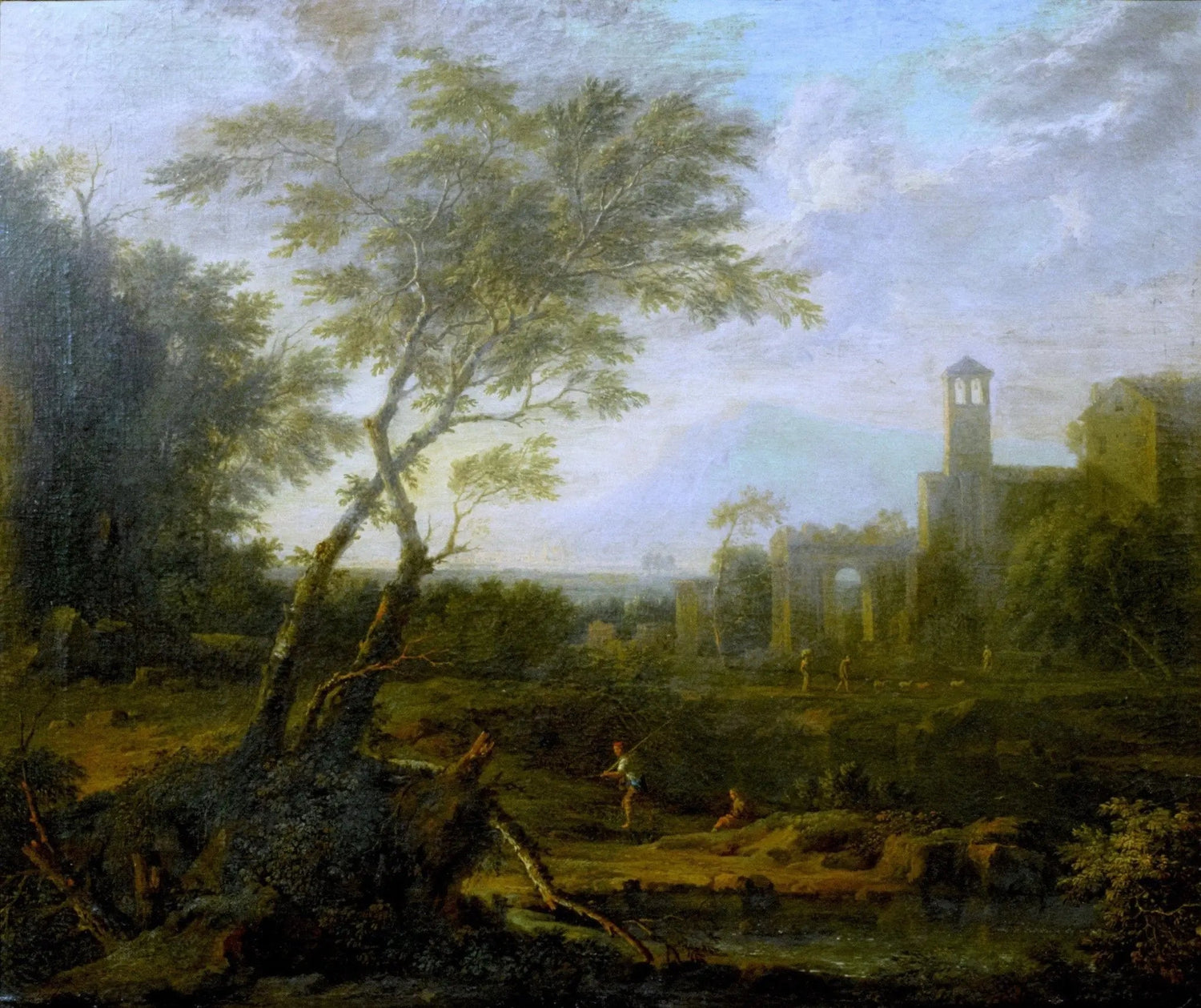 Landscape oil painting of ancient ruins with figures under a large tree, oil on canvas with textured brushwork and soft blue . - Add Frame, Architecture, Canvas, Figure, Hand Painted, Landscape, Made To Order, Oil Painting