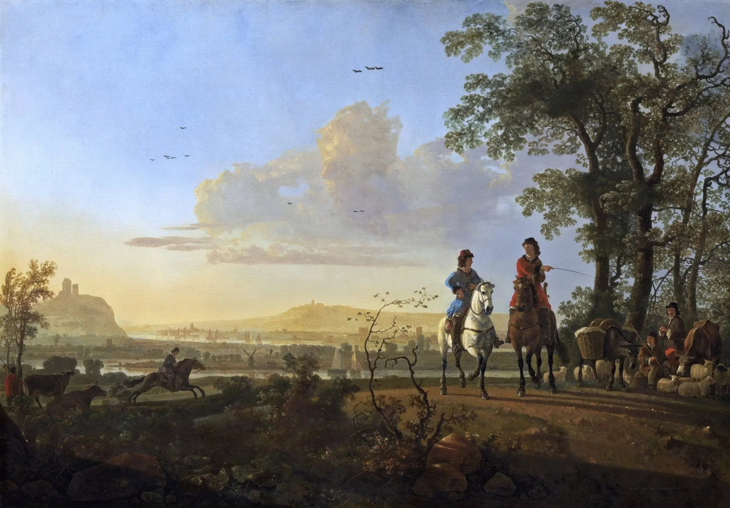 Hand painted landscape oil painting with figures on horseback and livestock, oil on canvas, textured brushwork, soft dusk. - Add Frame, Canvas, Country, Figure, Hand Painted, Landscape, Made To Order, Oil Painting