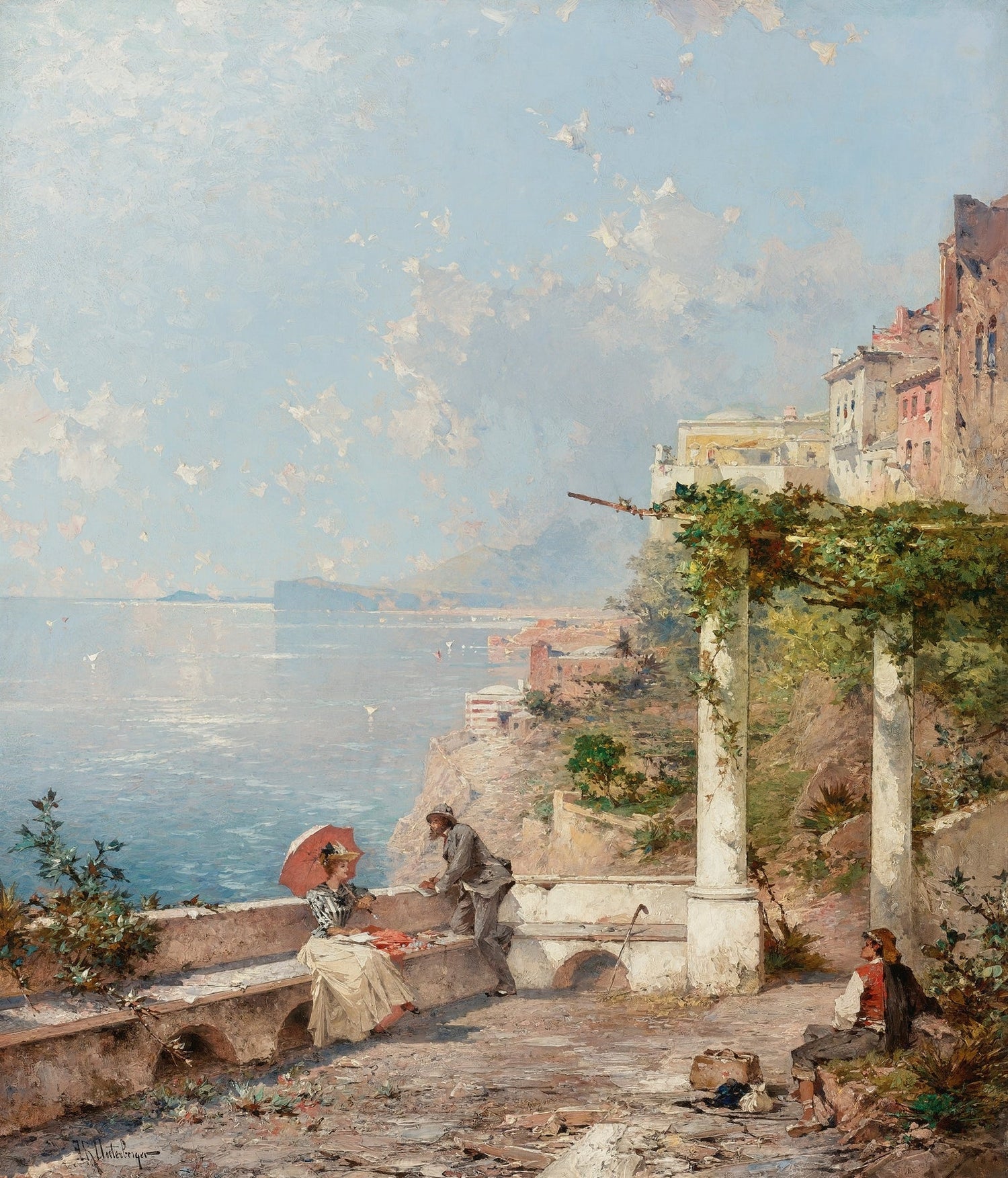 Hand-painted seaside terrace and mediterranean coast landscape oil painting on canvas