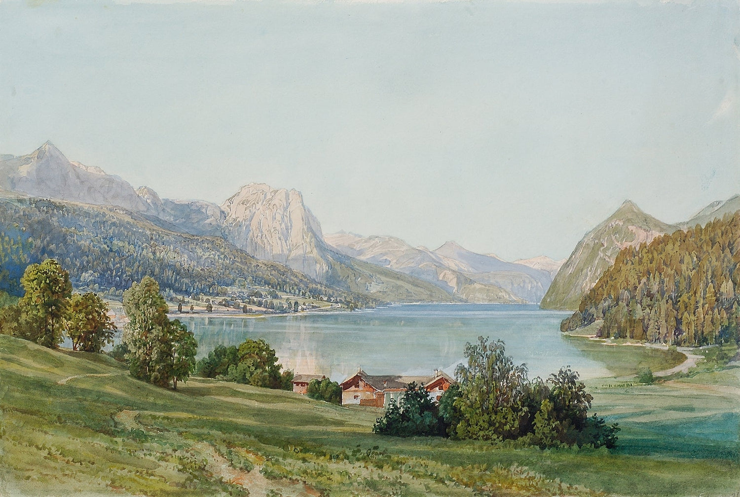 Hand-painted serene alpine lake and meadow village landscape oil painting on canvas