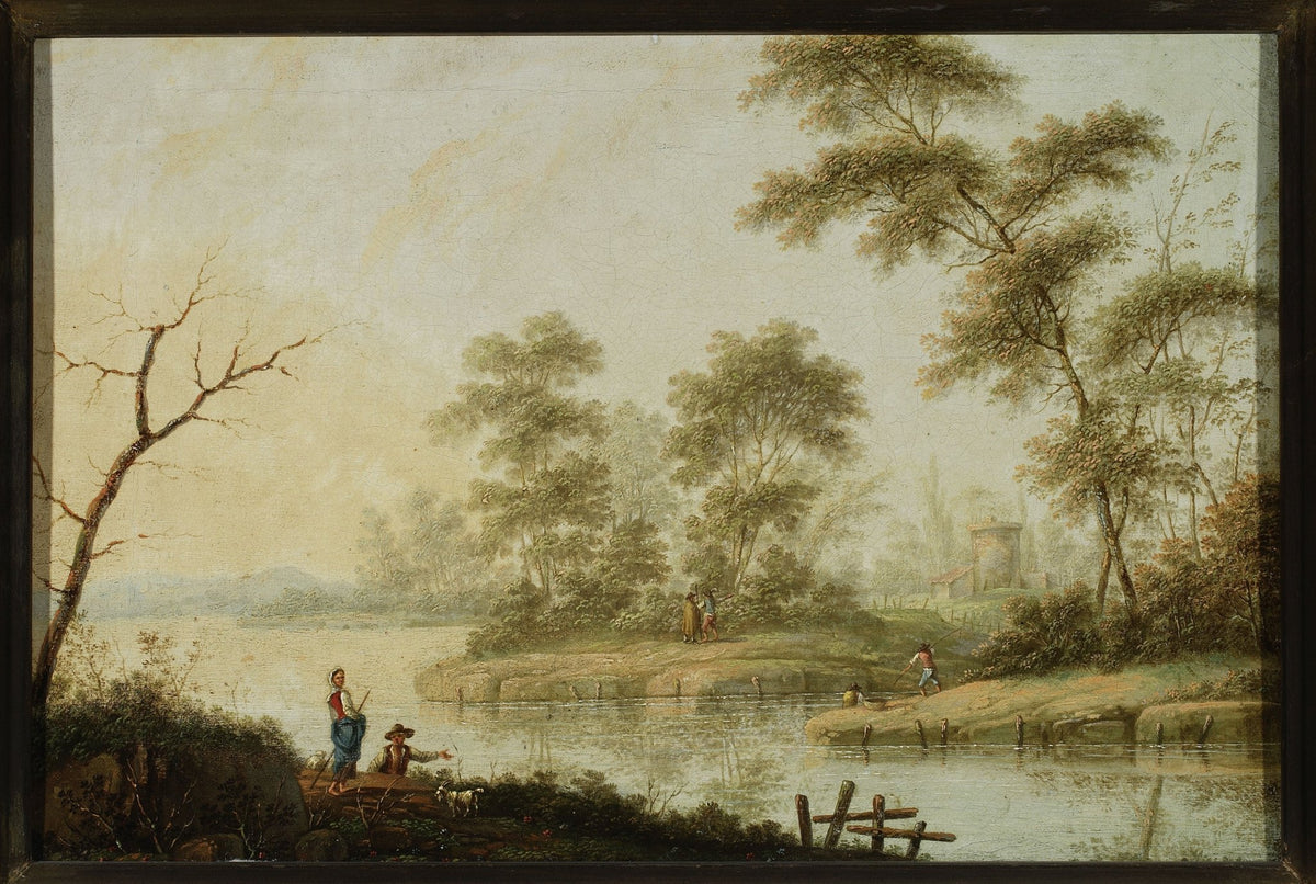 Hand-painted serene lakeside with trees and figures landscape oil painting on canvas