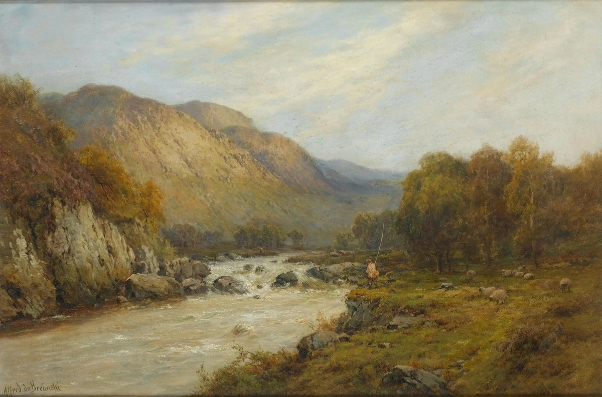 Hand painted landscape oil painting of a serene river flowing through a forested mountain valley, textured brushwork on. - Add Frame, Animal, Canvas, Farm, Forest, Hand Painted, Landscape, Made To Order, Mountain, Oil Painting, River