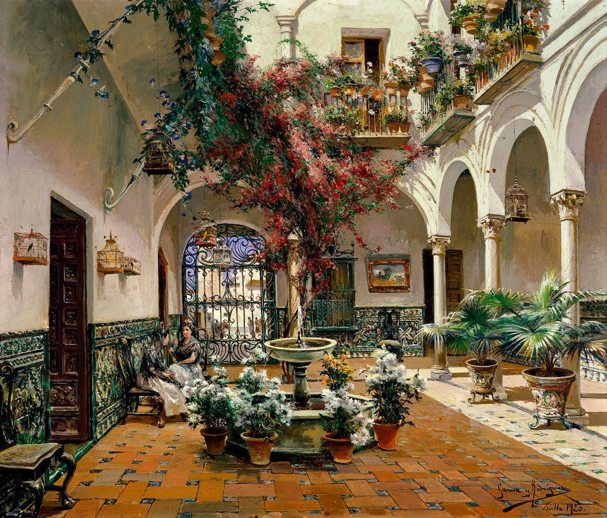 Hand painted landscape oil painting on canvas featuring a Seville courtyard with vibrant flowering vines, classical arches,. - Add Frame, Canvas, Floral, Hand Painted, Landscape, Made To Order, Oil Painting