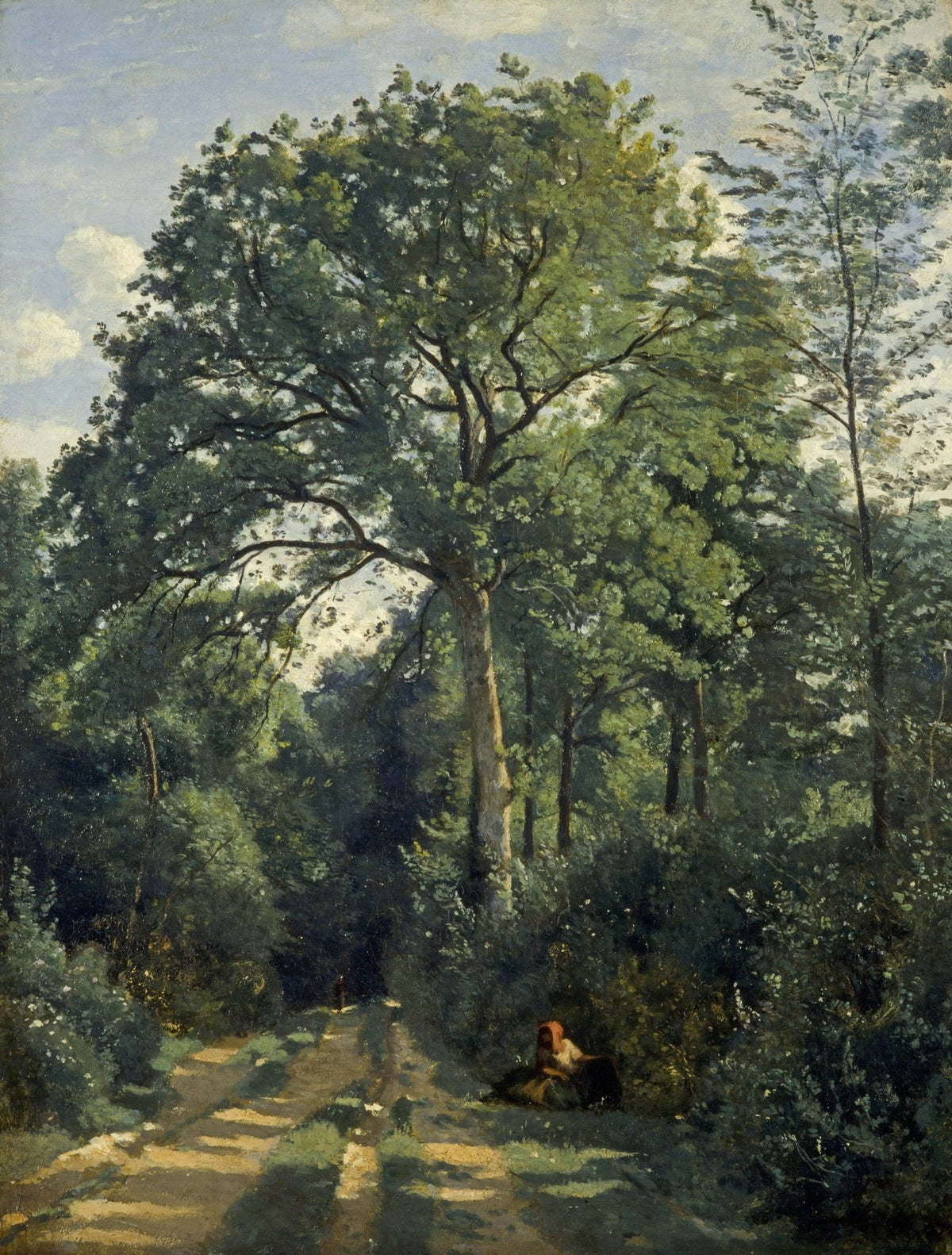 Hand-painted shaded woodland path with resting figure landscape oil painting on canvas