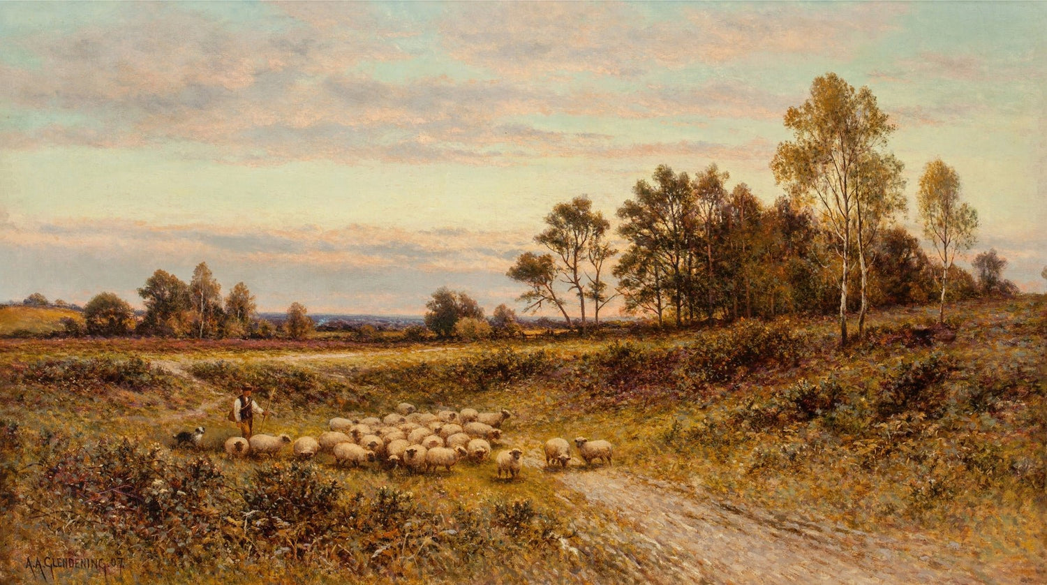 Hand-painted shepherd with sheep in autumn meadow landscape oil painting on canvas