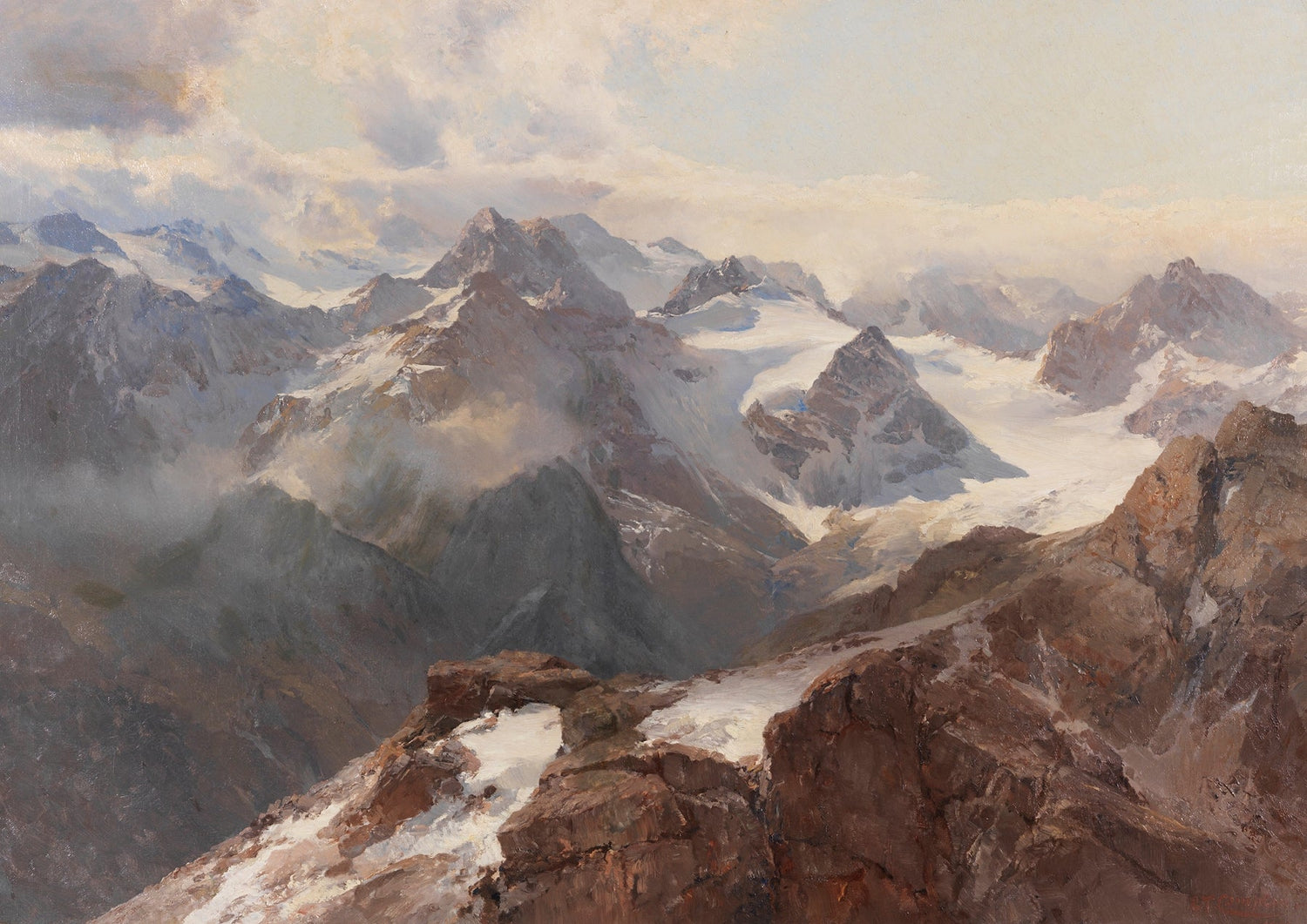 Landscape Oil Painting | Snow - capped mountain range & rocky peaks - Oil Painting Haven