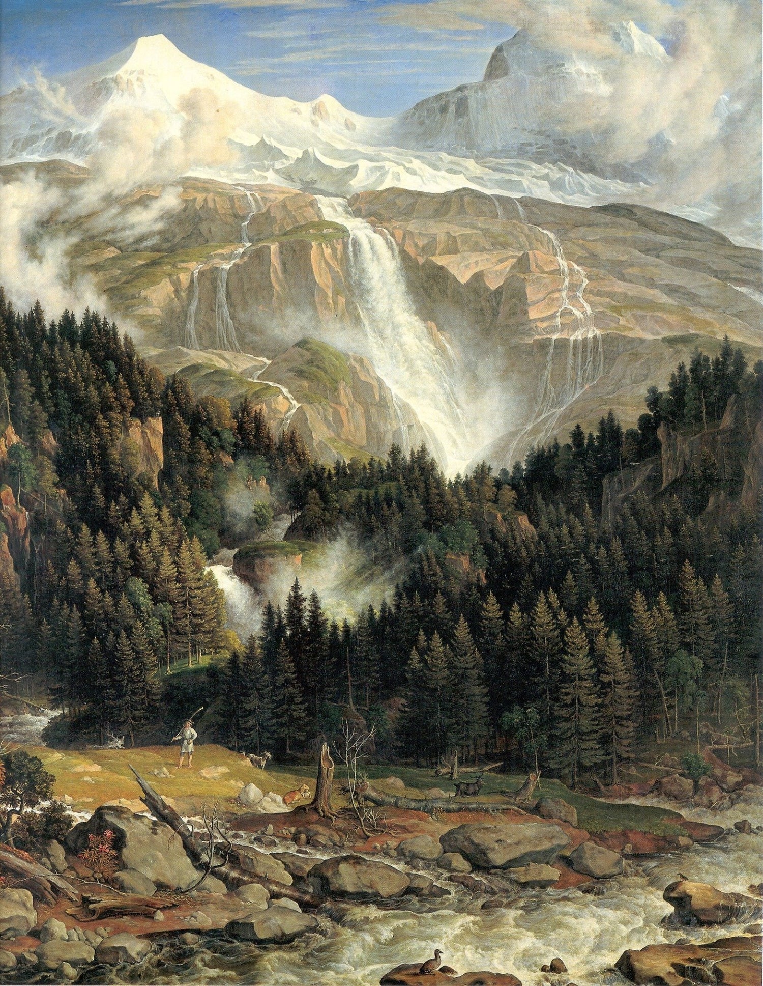 Landscape Oil Painting - Snow - Capped Peaks, Grand Waterfall & ox cart - Oil Painting Haven
