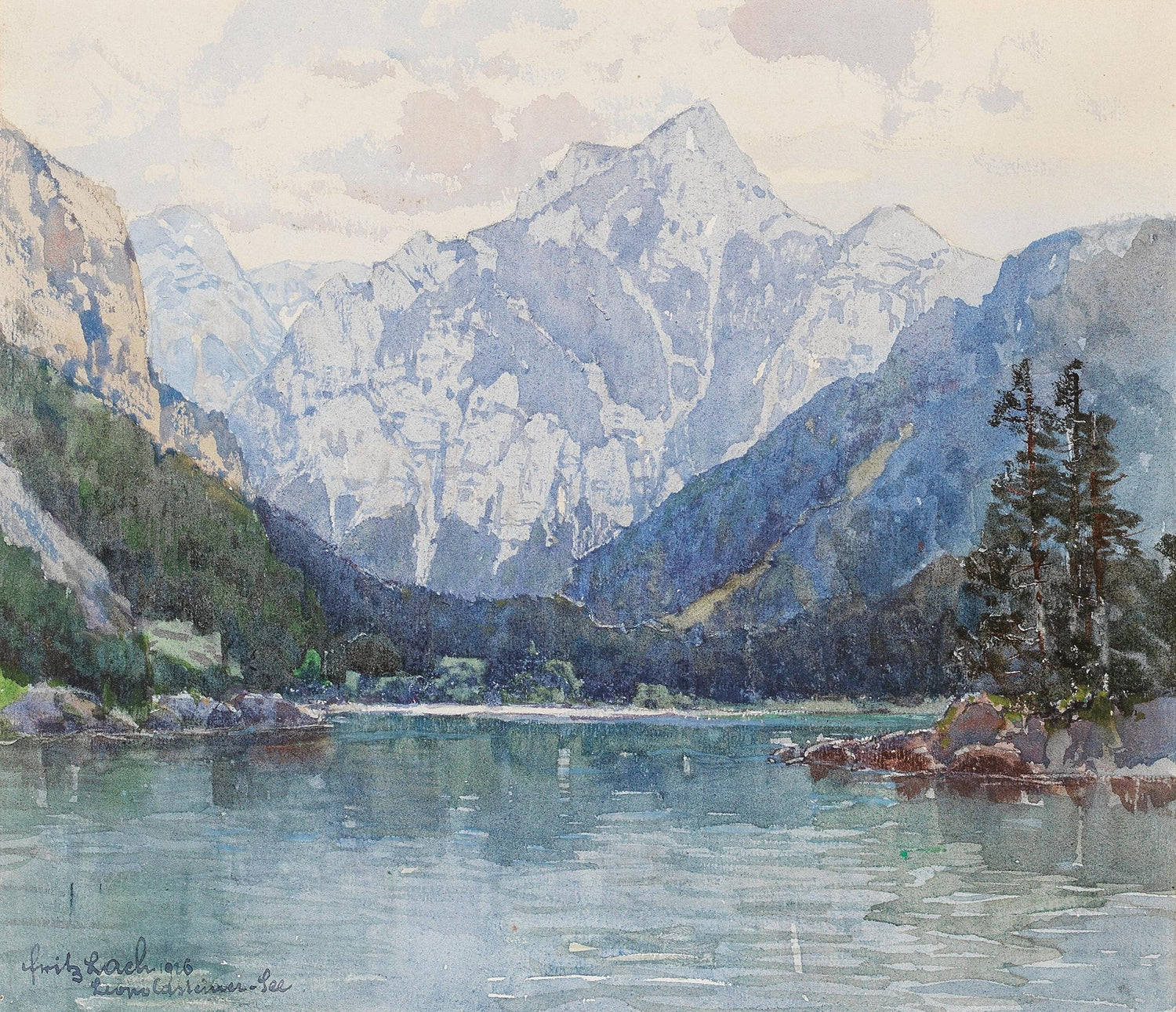 Hand-painted snowy alpine lake with pine shore landscape oil painting on canvas