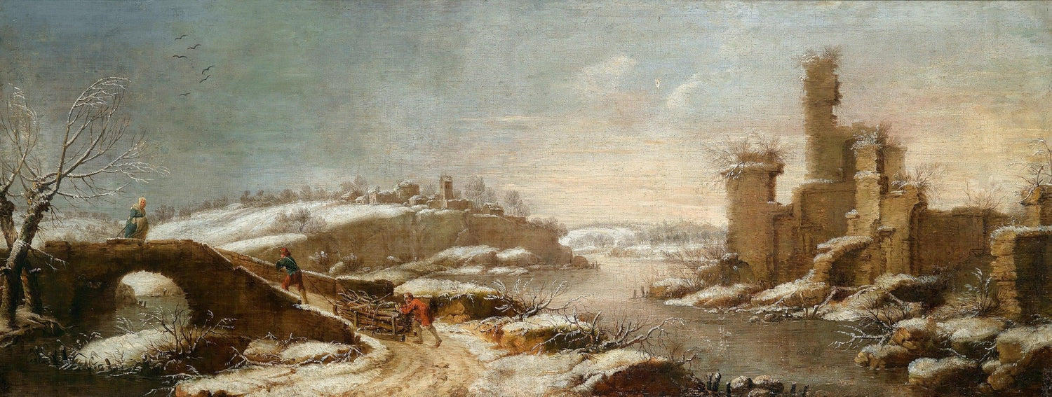 Hand-painted snowy bridge and ruins by river landscape oil painting on canvas