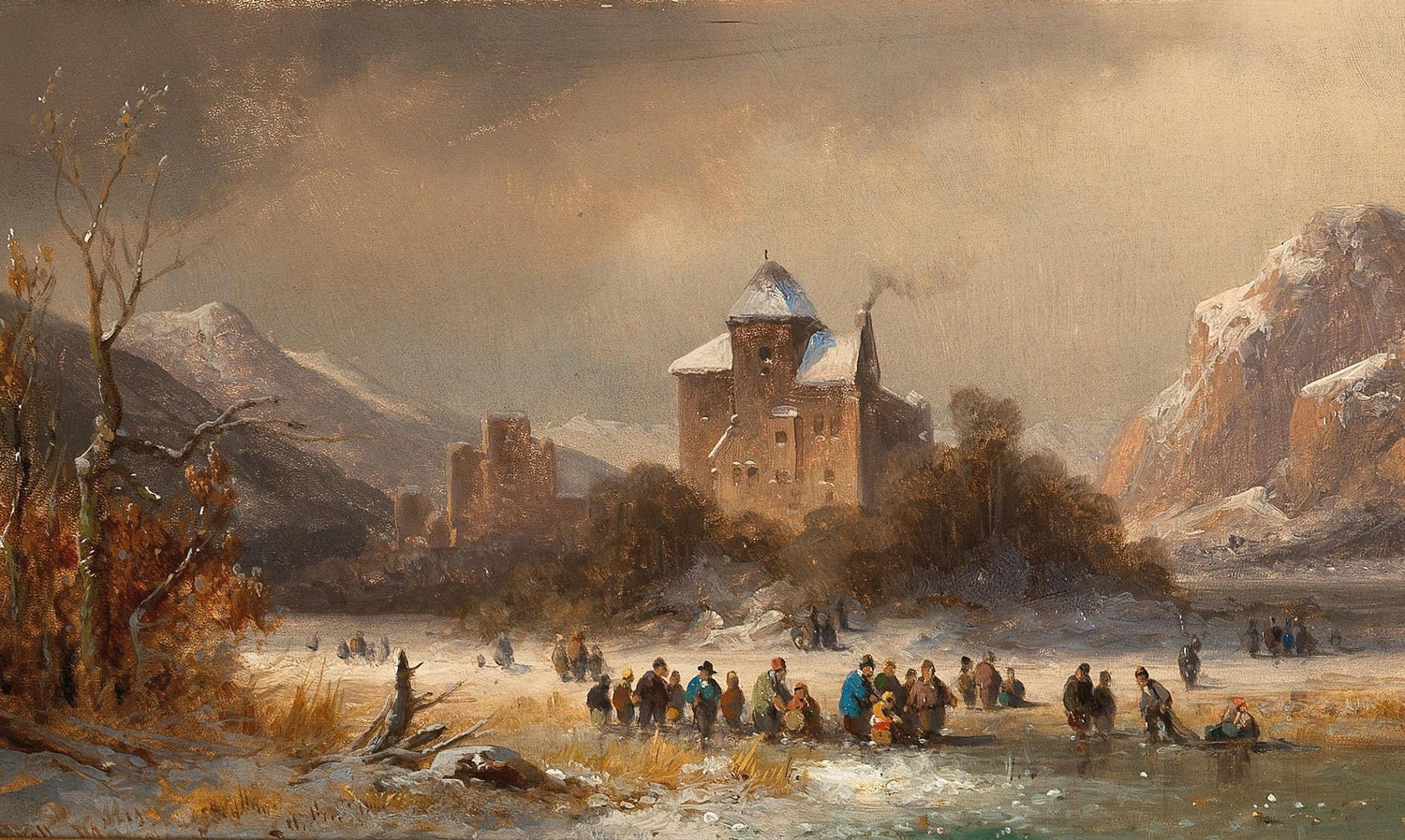 Hand-painted snowy castle and mountain ice scene landscape oil painting on canvas