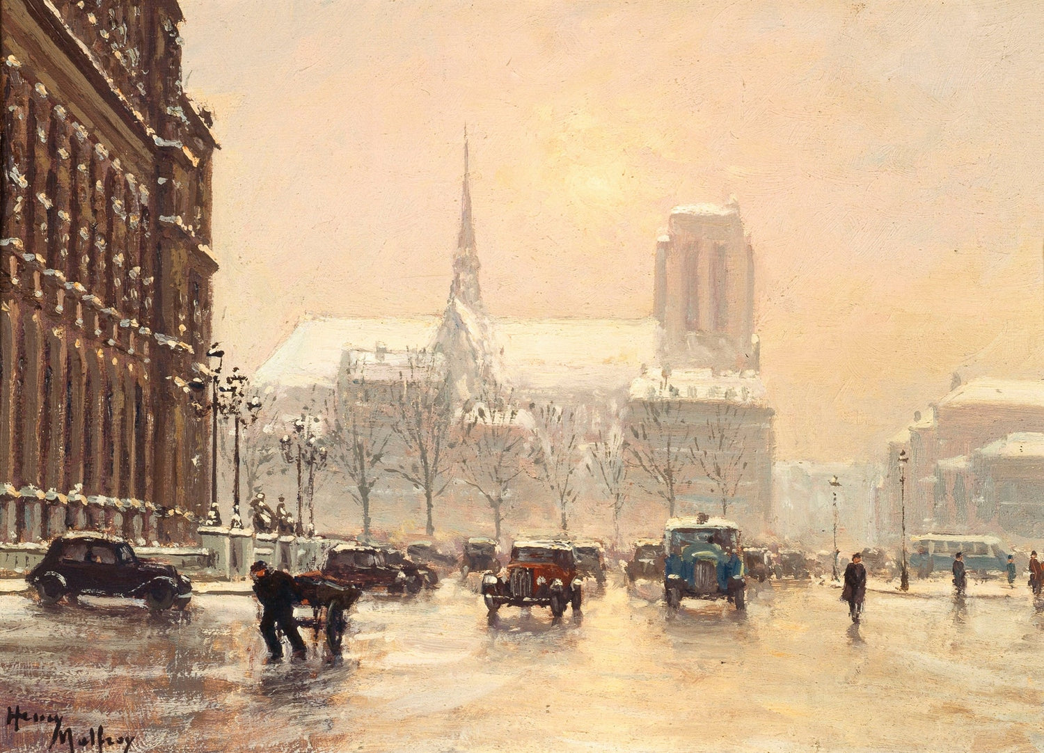 Hand-painted snowy cathedral square with vintage cars landscape oil painting on canvas