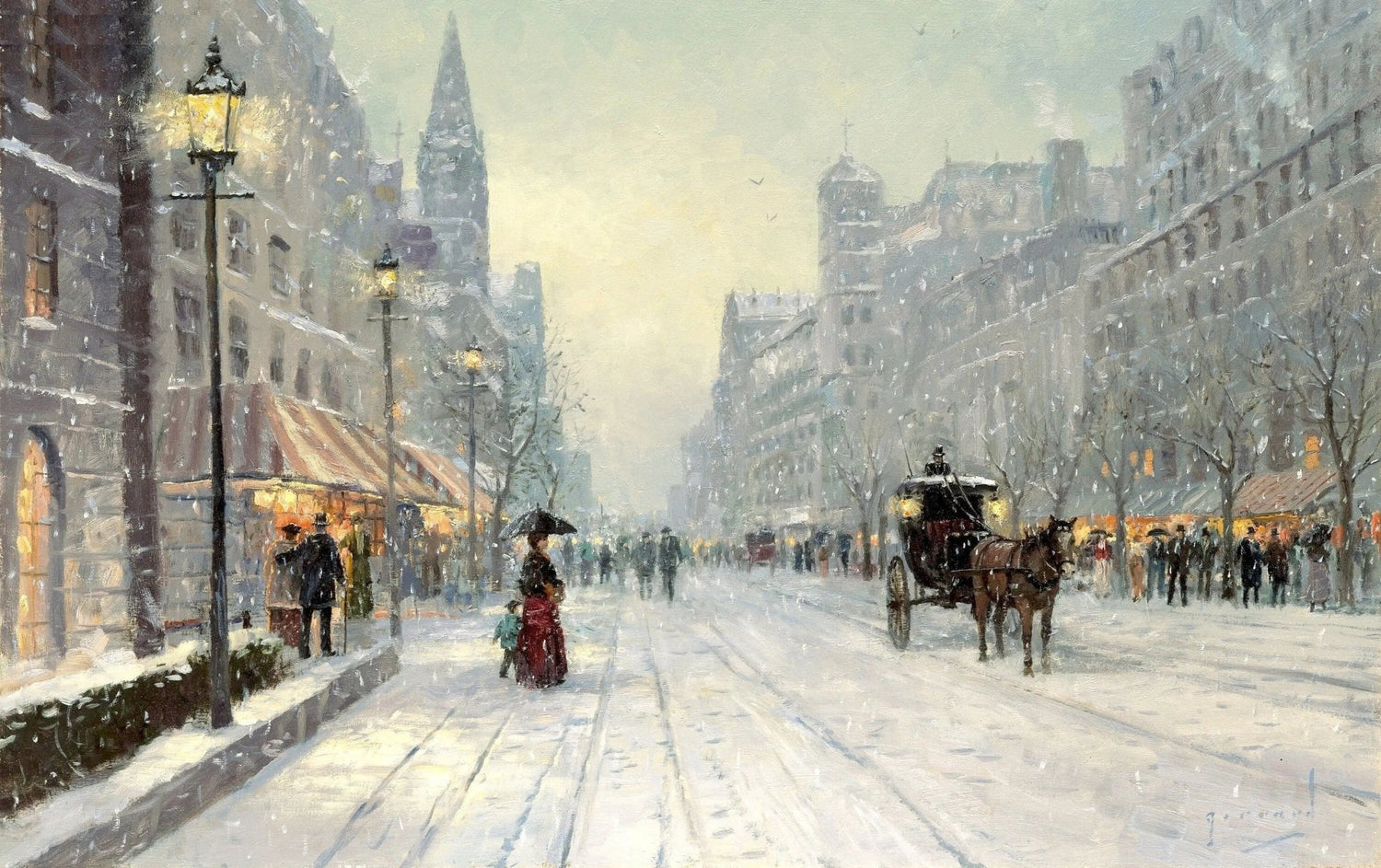 Landscape Oil Painting - Snowy City Street with Horse - Drawn Carriage - Oil Painting Haven