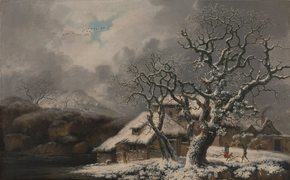 Hand-painted snowy cottage and bare trees by the pond landscape oil painting on canvas