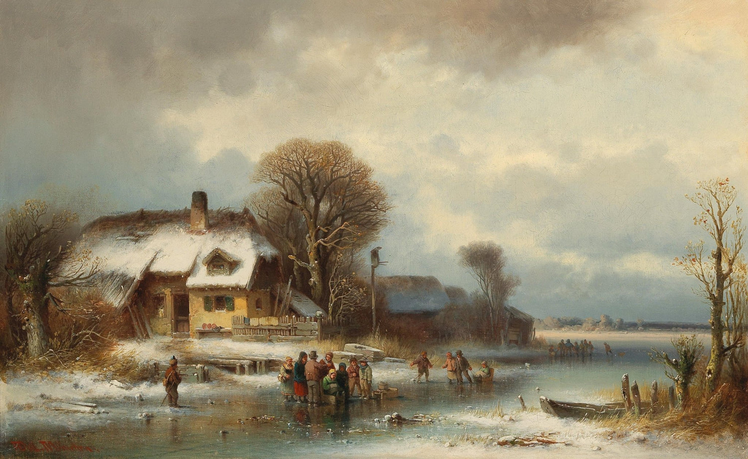 Hand-painted snowy cottage and winter lake scene landscape oil painting on canvas