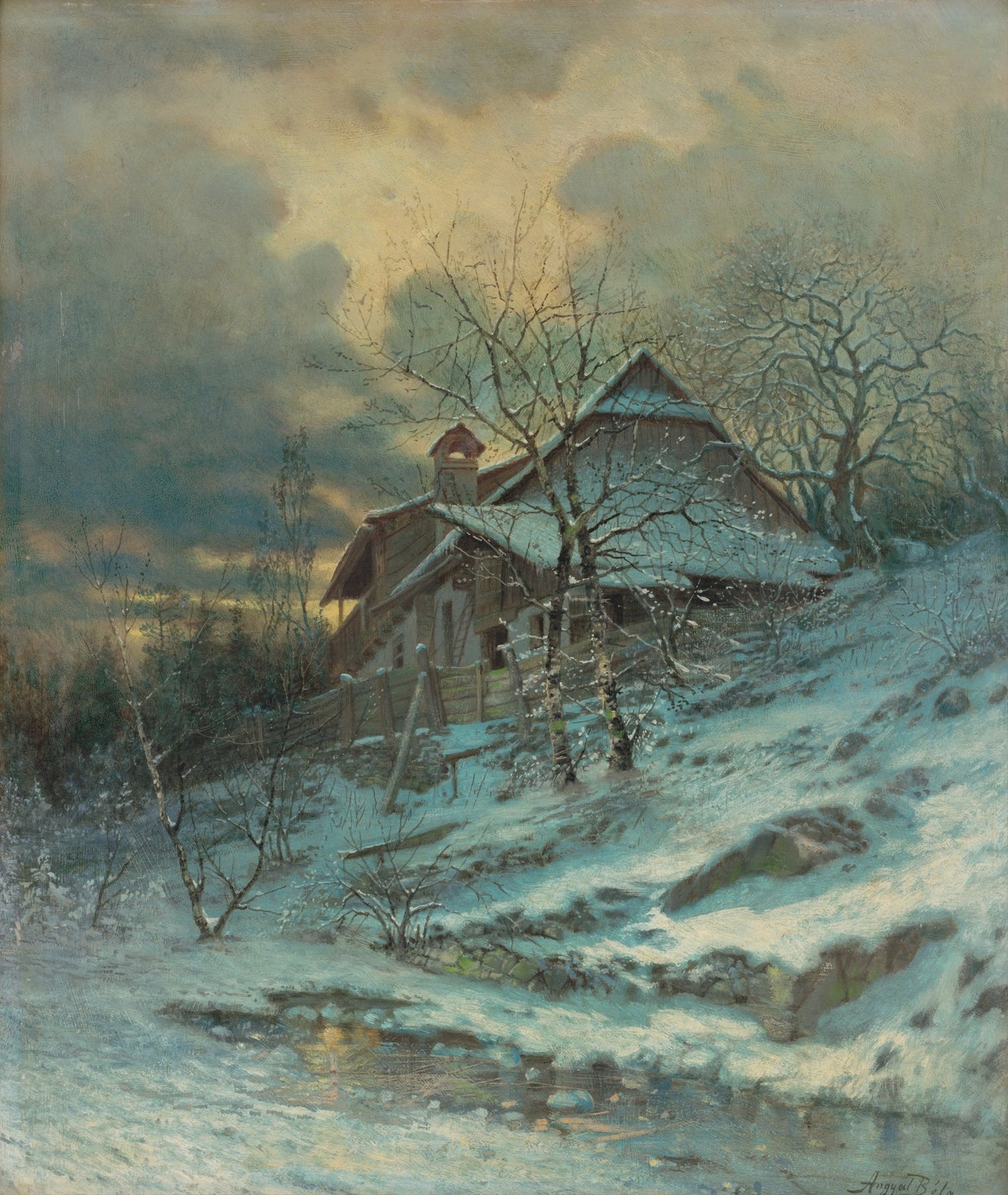 Hand-painted snowy cottage by stream and bare trees landscape oil painting on canvas