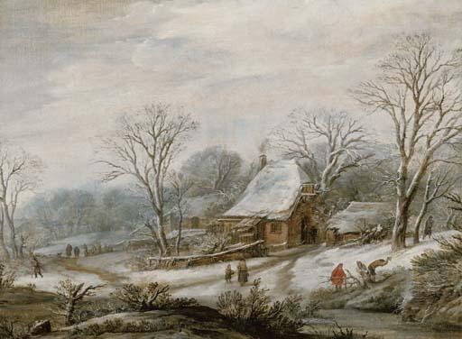 Hand-painted snowy cottage in winter countryside landscape oil painting on canvas