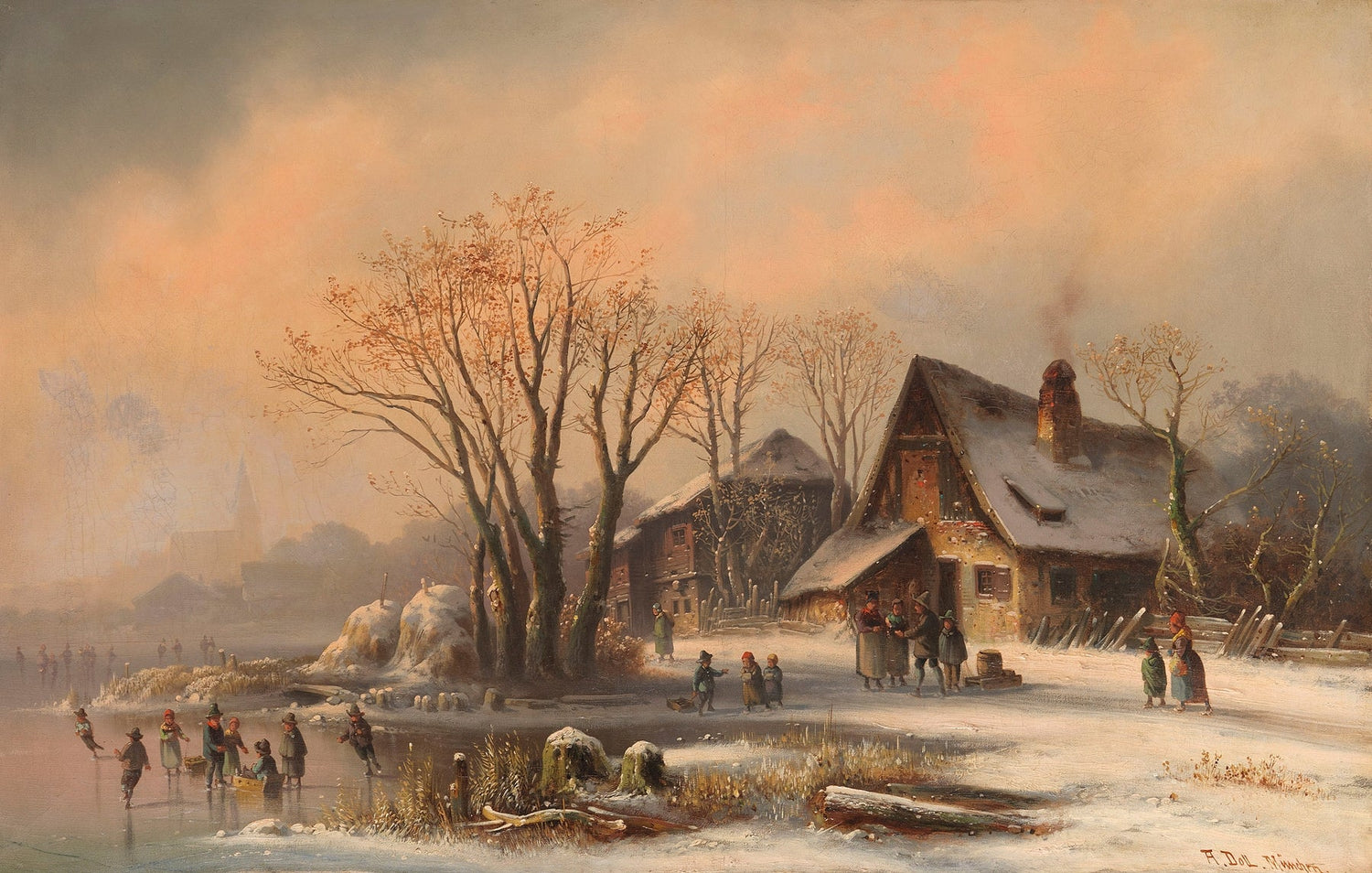 Hand-painted snowy cottage village with ice skaters landscape oil painting on canvas
