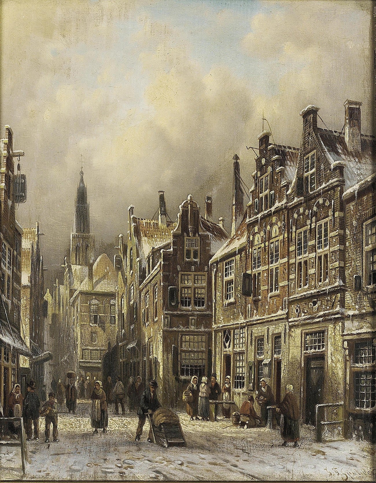 Hand-painted snowy european old town street landscape oil painting on canvas