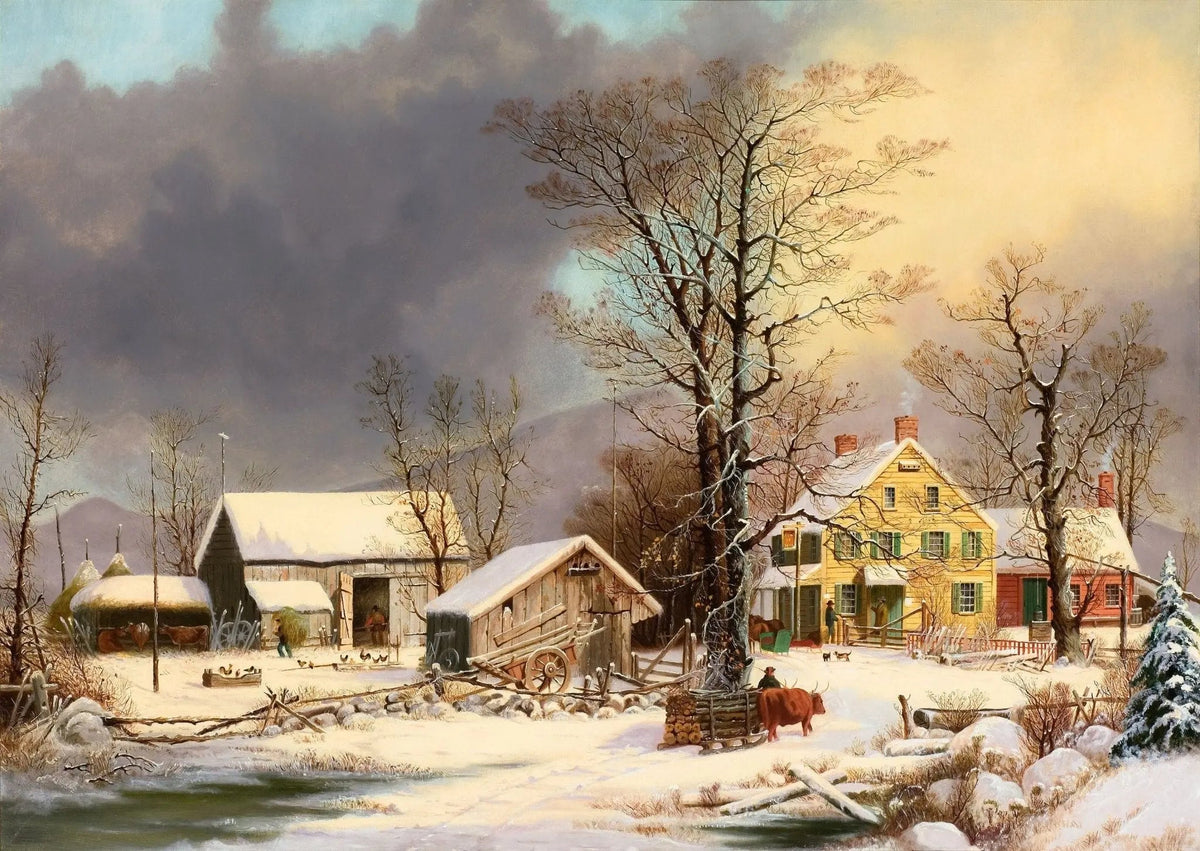 Hand painted landscape oil painting on canvas depicting a snowy farm with yellow house, barn, leafless trees, animals by. - Add Frame, Animal, Canvas, Country, Farm, Hand Painted, Landscape, Made To Order, Oil Painting, Winter