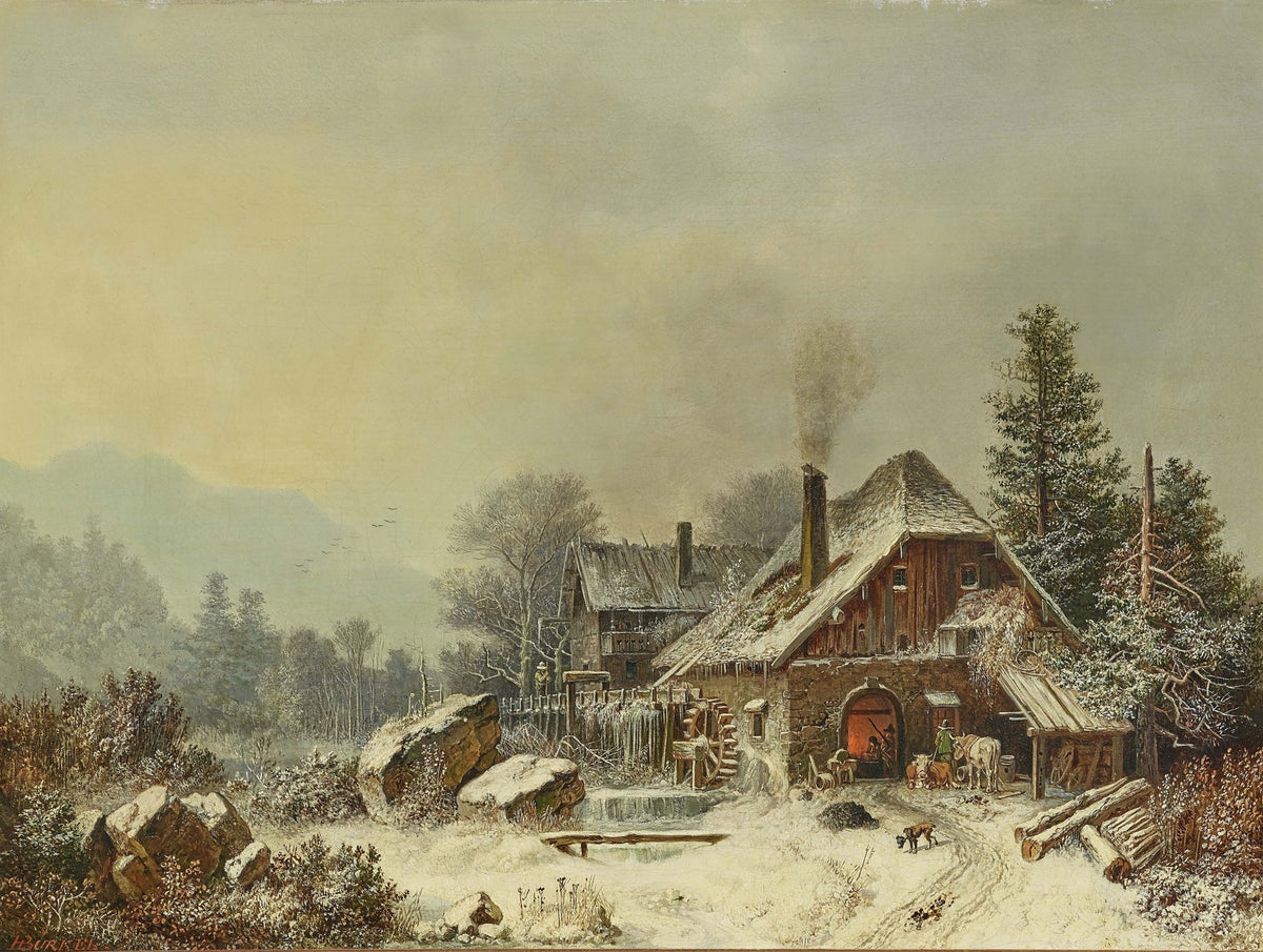 Hand-painted snowy farmhouse and watermill scene landscape oil painting on canvas