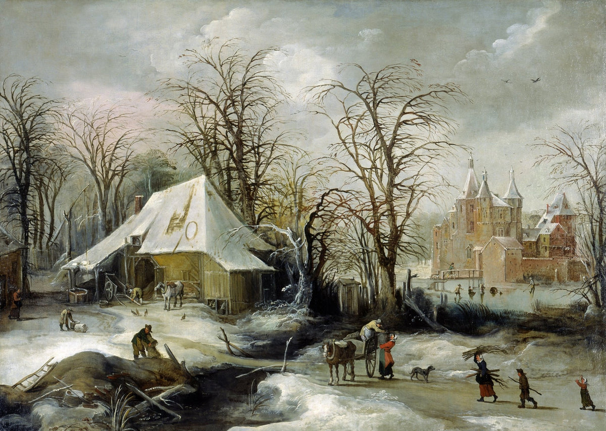 Hand-painted snowy farmstead and castle in winter landscape oil painting on canvas