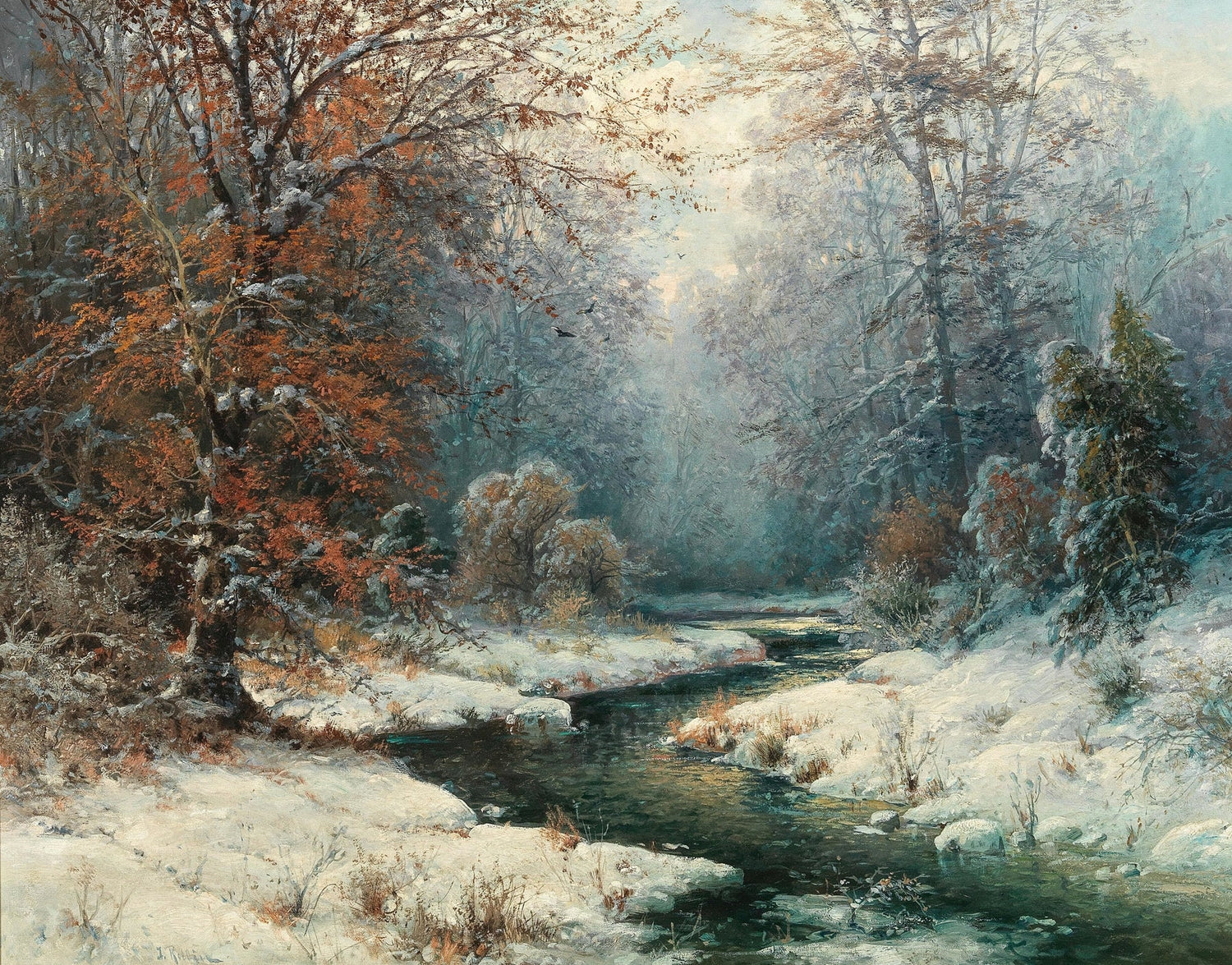 Hand-painted snowy forest stream with red leaves landscape oil painting on canvas