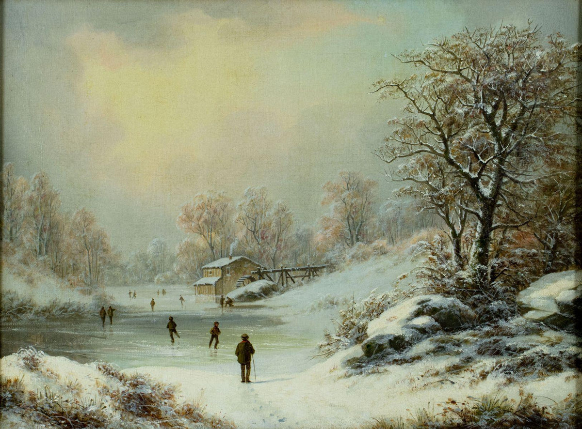Hand-painted snowy frozen lake with skaters landscape oil painting on canvas
