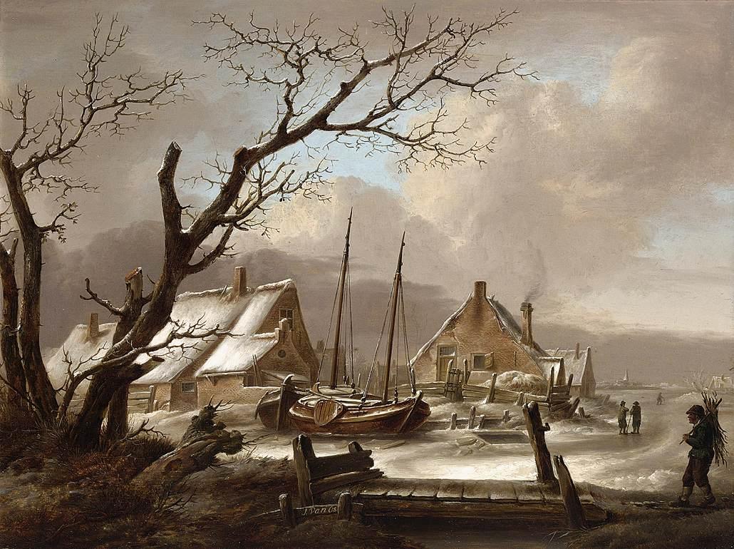 Hand-painted snowy harbor village with moored boats landscape oil painting on canvas