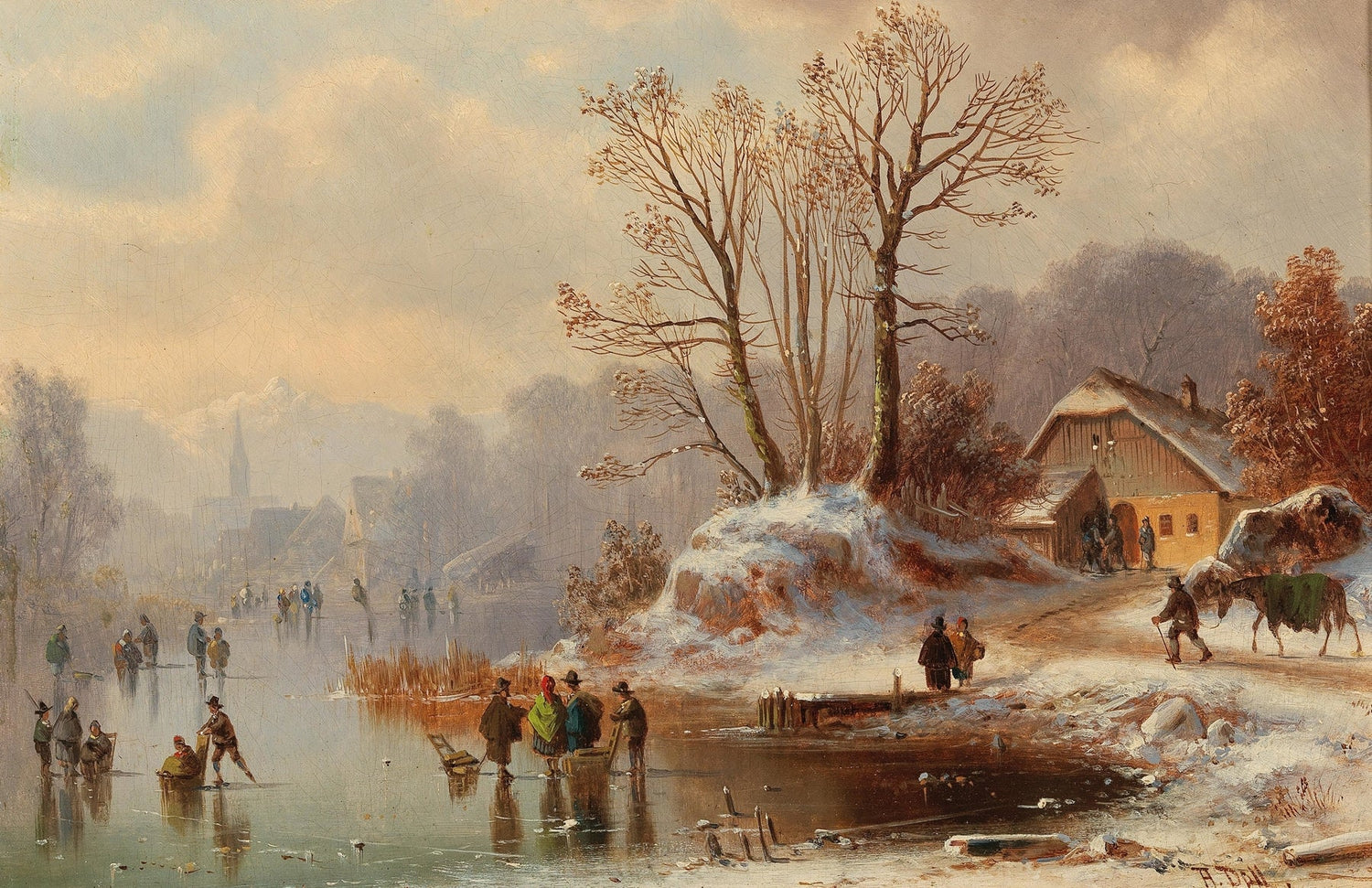 Hand-painted snowy lakeside cottage with ice skaters landscape oil painting on canvas