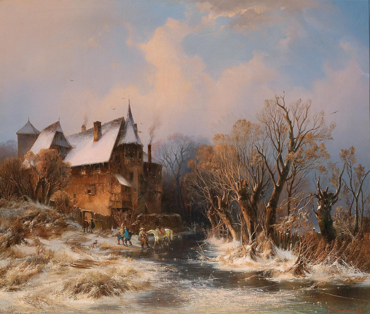 Hand-painted snowy manor by frozen stream at dusk landscape oil painting on canvas
