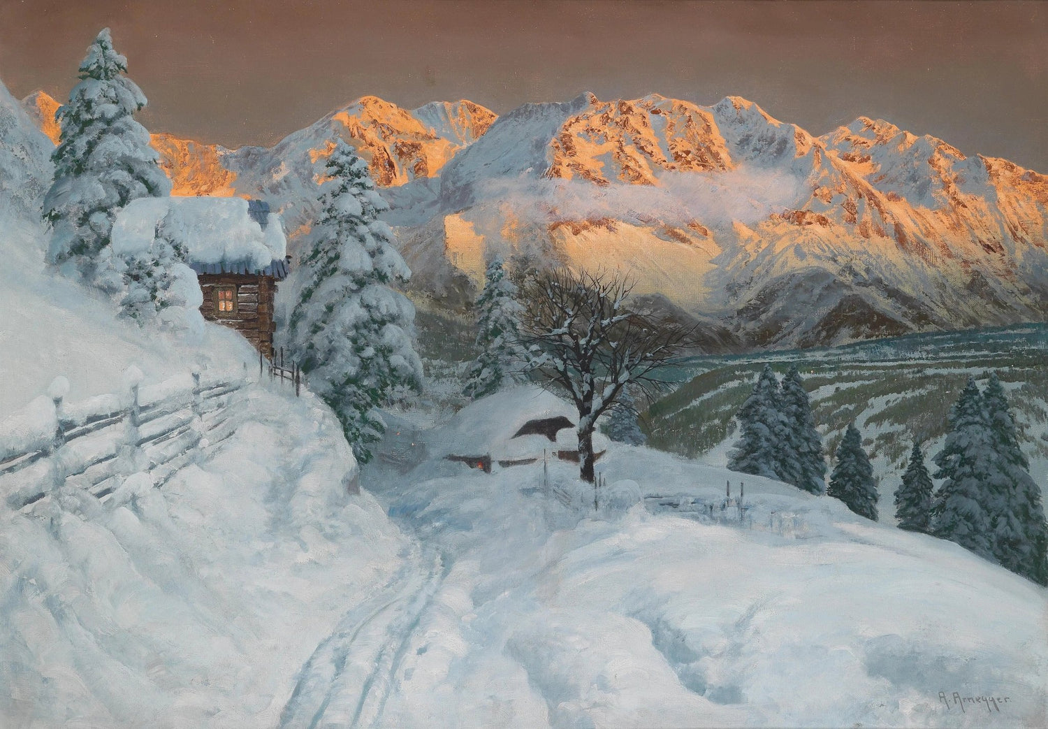 Hand painted landscape oil painting on canvas of a snowy mountain hut with ski tracks, textured brushwork highlights snowy. - Add Frame, Canvas, Forest, Hand Painted, Landscape, Made To Order, Mountain, Oil Painting, Winter